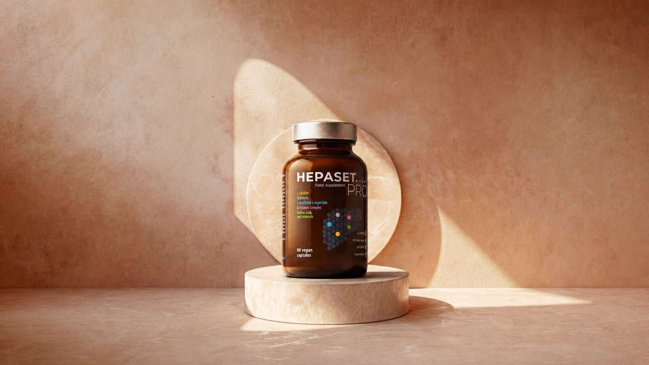 Hepaset PRO food supplement bottle on a minimalist beige background, highlighting liver support.
