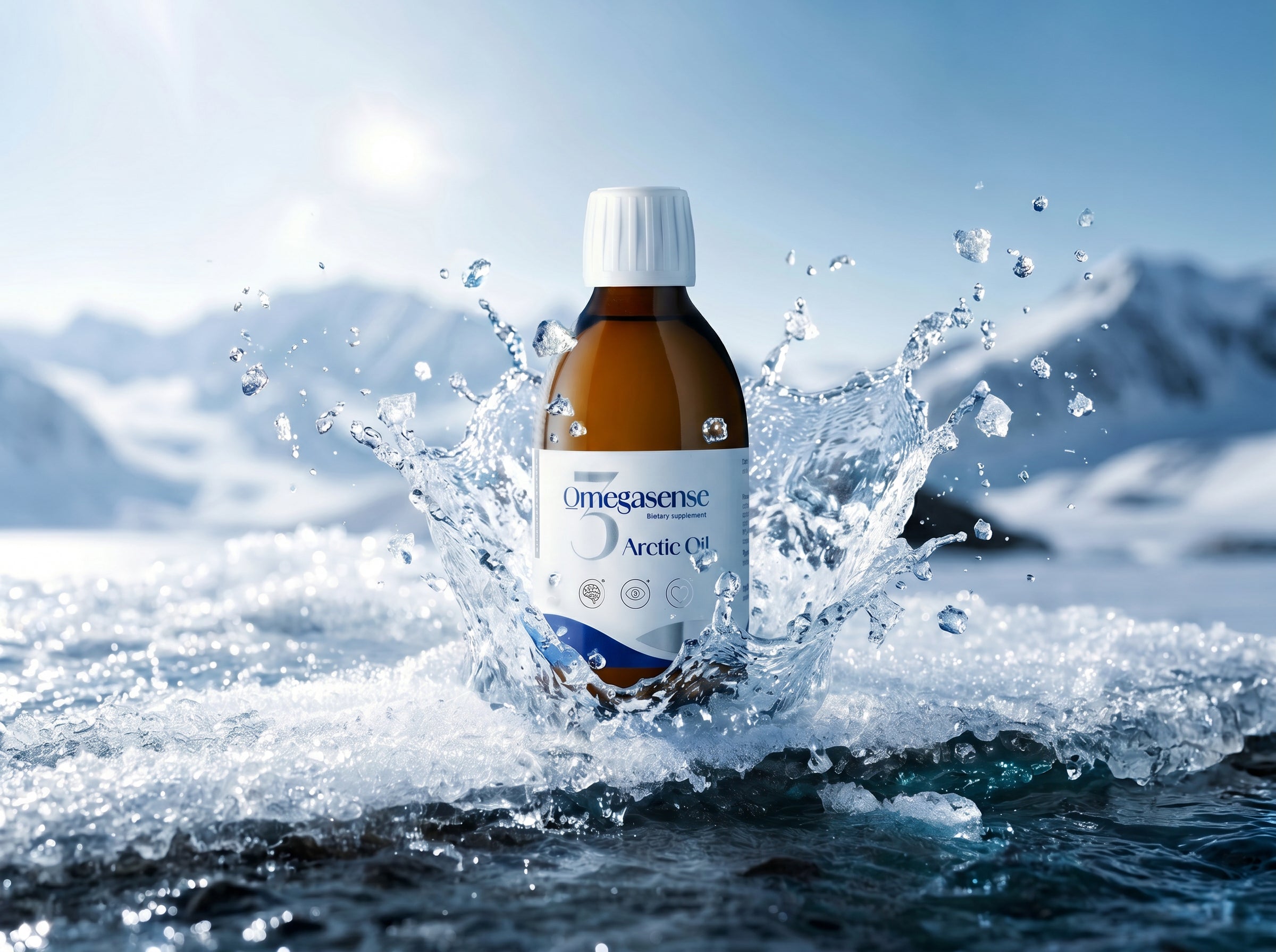 Omegasense Arctic Oil supplement bottle in a splash of water, with snowy mountains in the background.