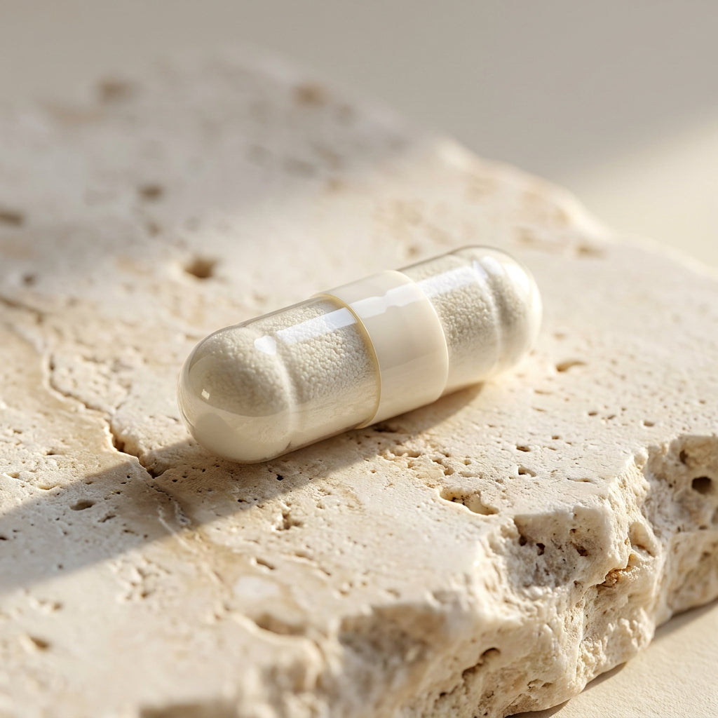 Clear gut supplement capsule with white powder on a textured beige stone surface.