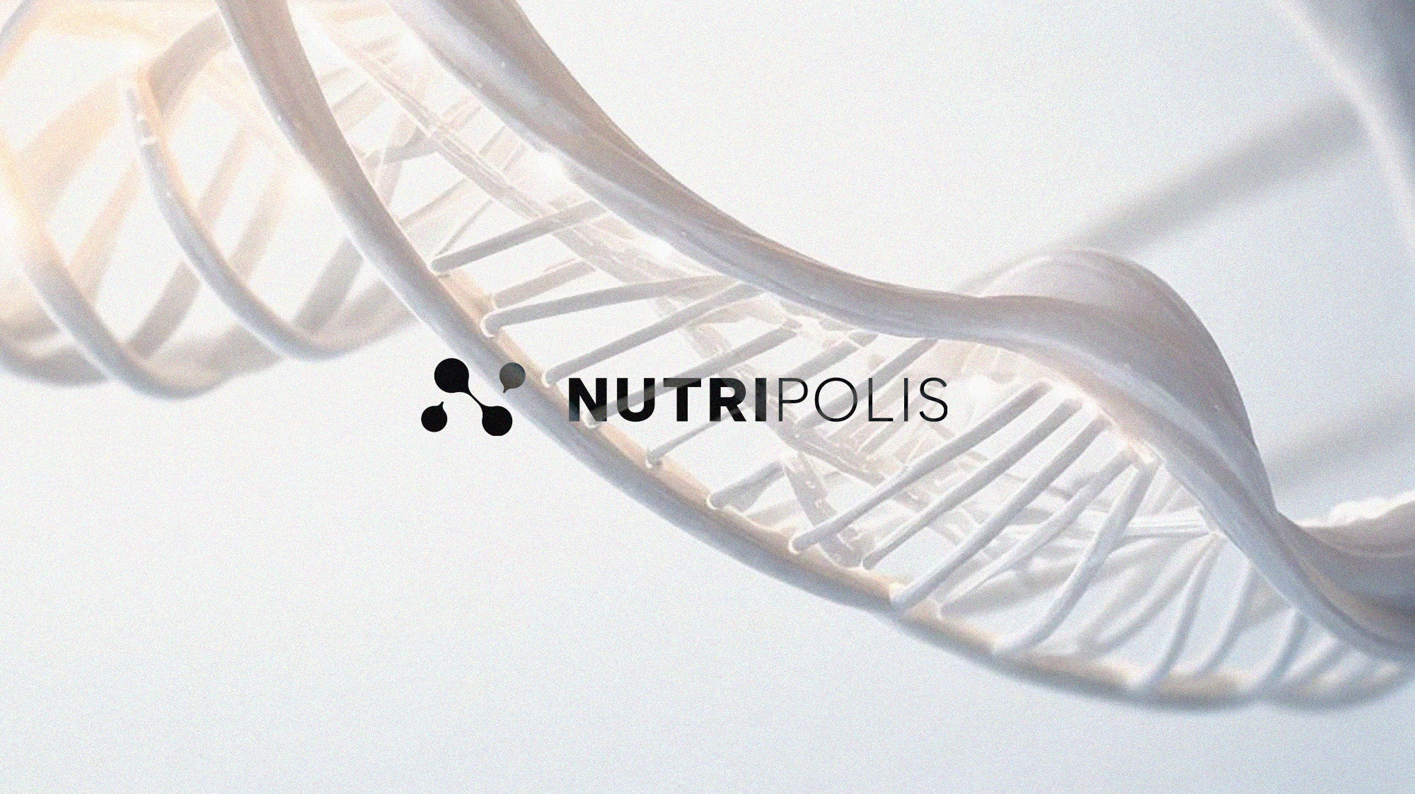 Abstract DNA helix structure with the Nutripolis logo, symbolizing cellular building blocks.