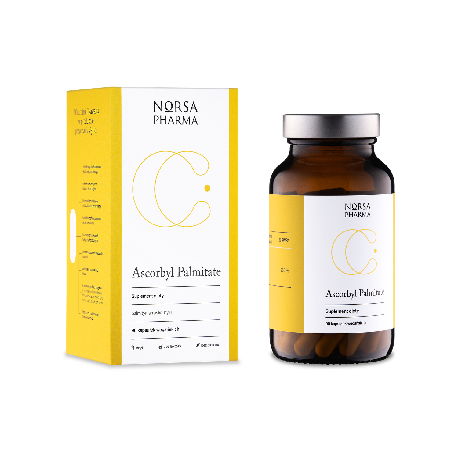 Norsa Pharma Ascorbyl Palmitate 90 vegan capsules in amber glass bottle and white/yellow box.