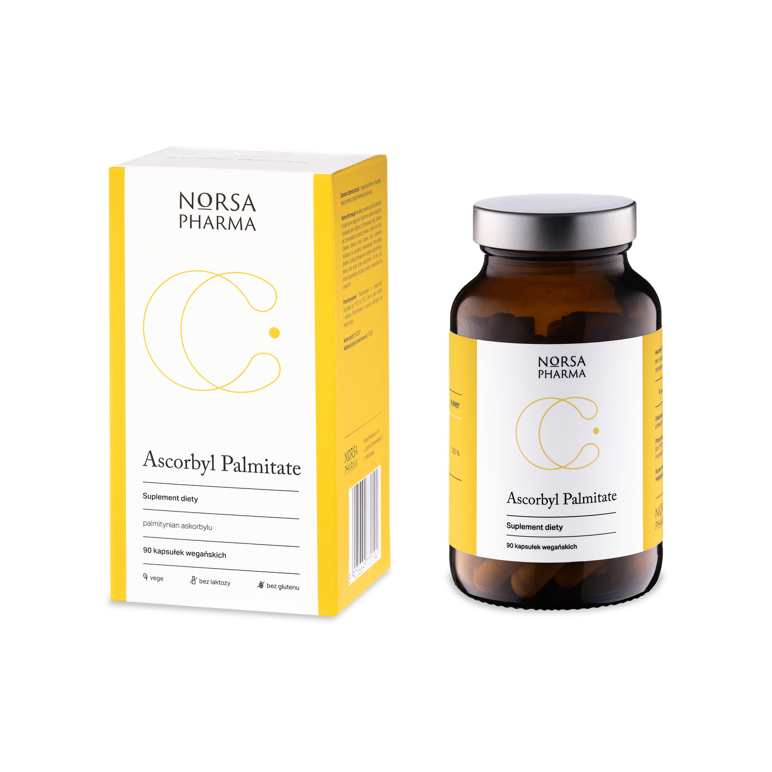 Norsa Pharma Ascorbyl Palmitate 90 vegan capsules in a brown glass bottle and white and yellow box.