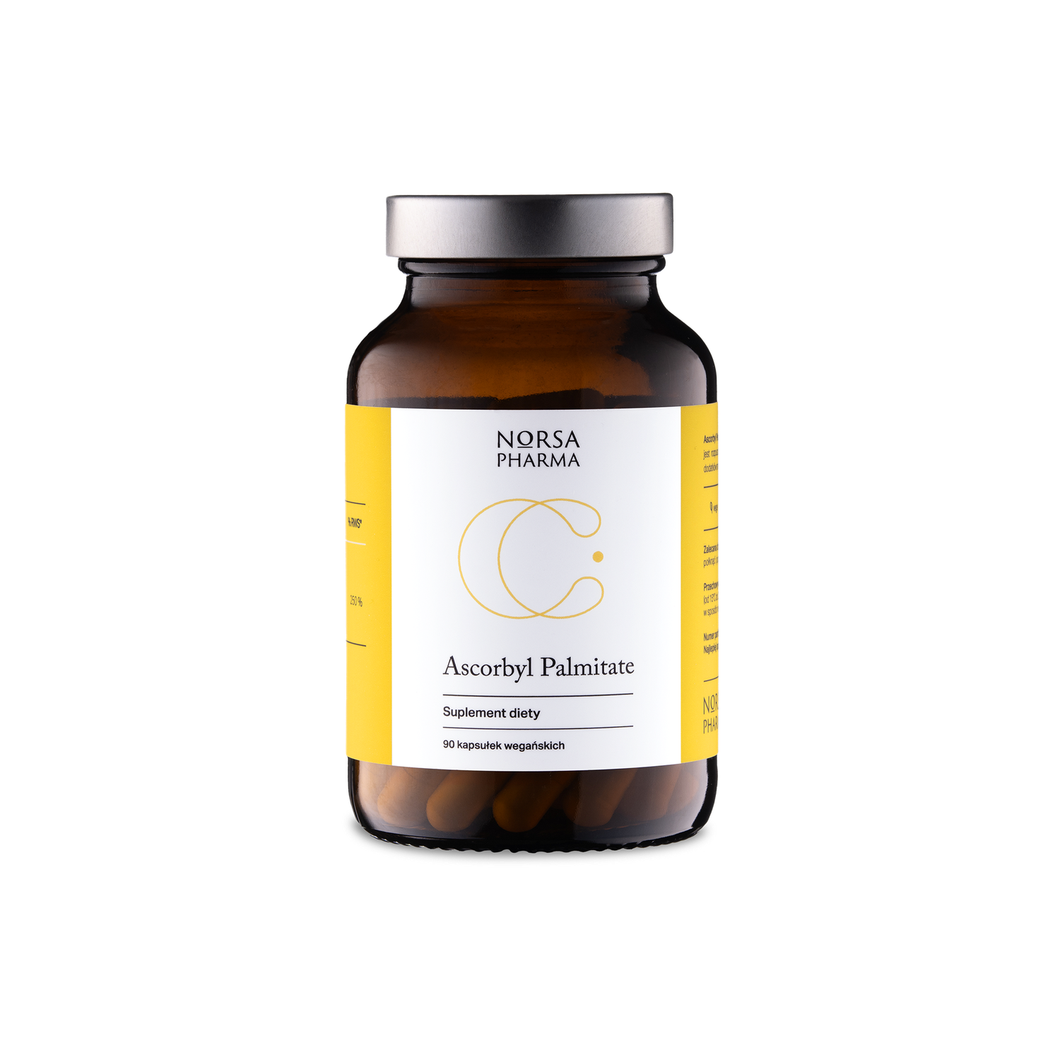 Norsa Pharma Ascorbyl Palmitate 90 vegan capsules in an amber glass bottle with a silver cap.