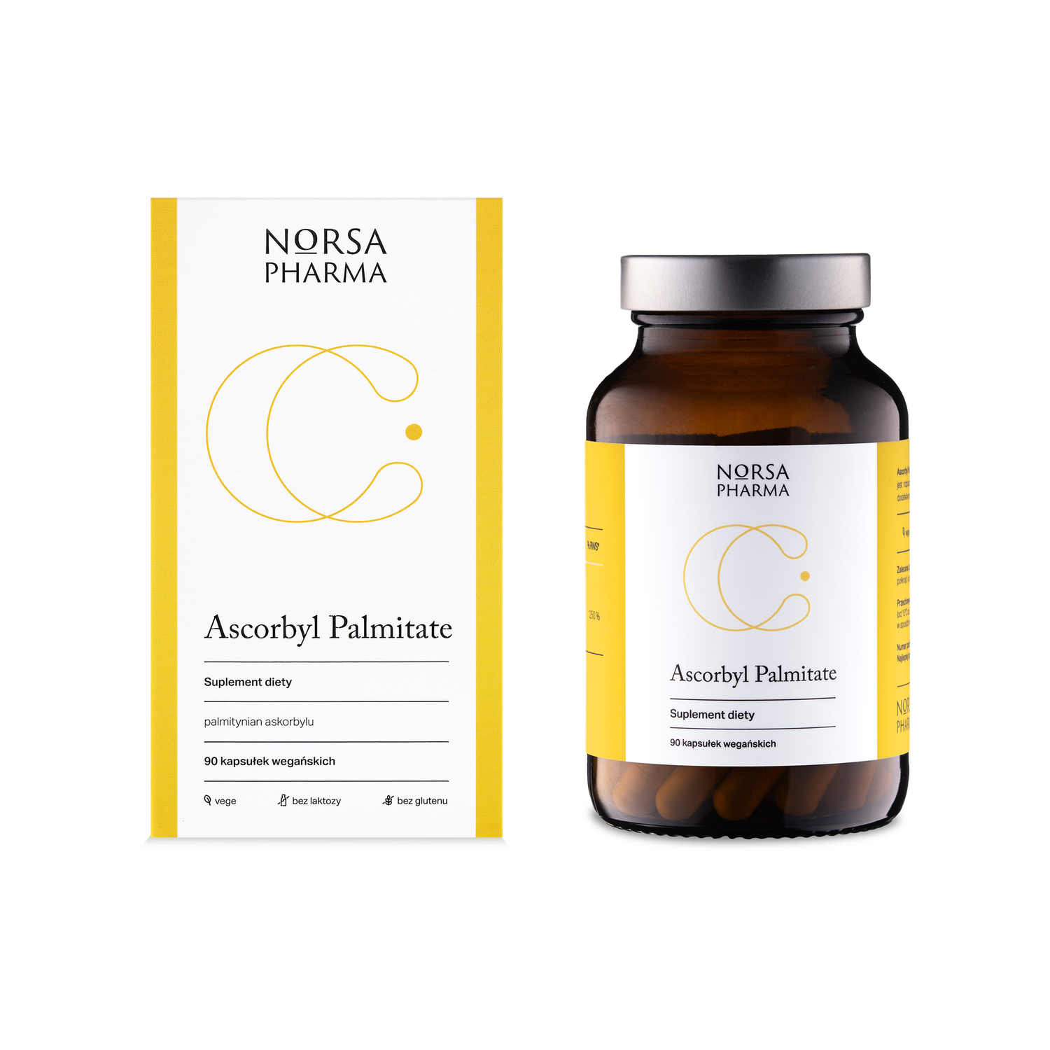Norsa Pharma Ascorbyl Palmitate 90 vegan capsules in amber glass bottle and white/yellow box.
