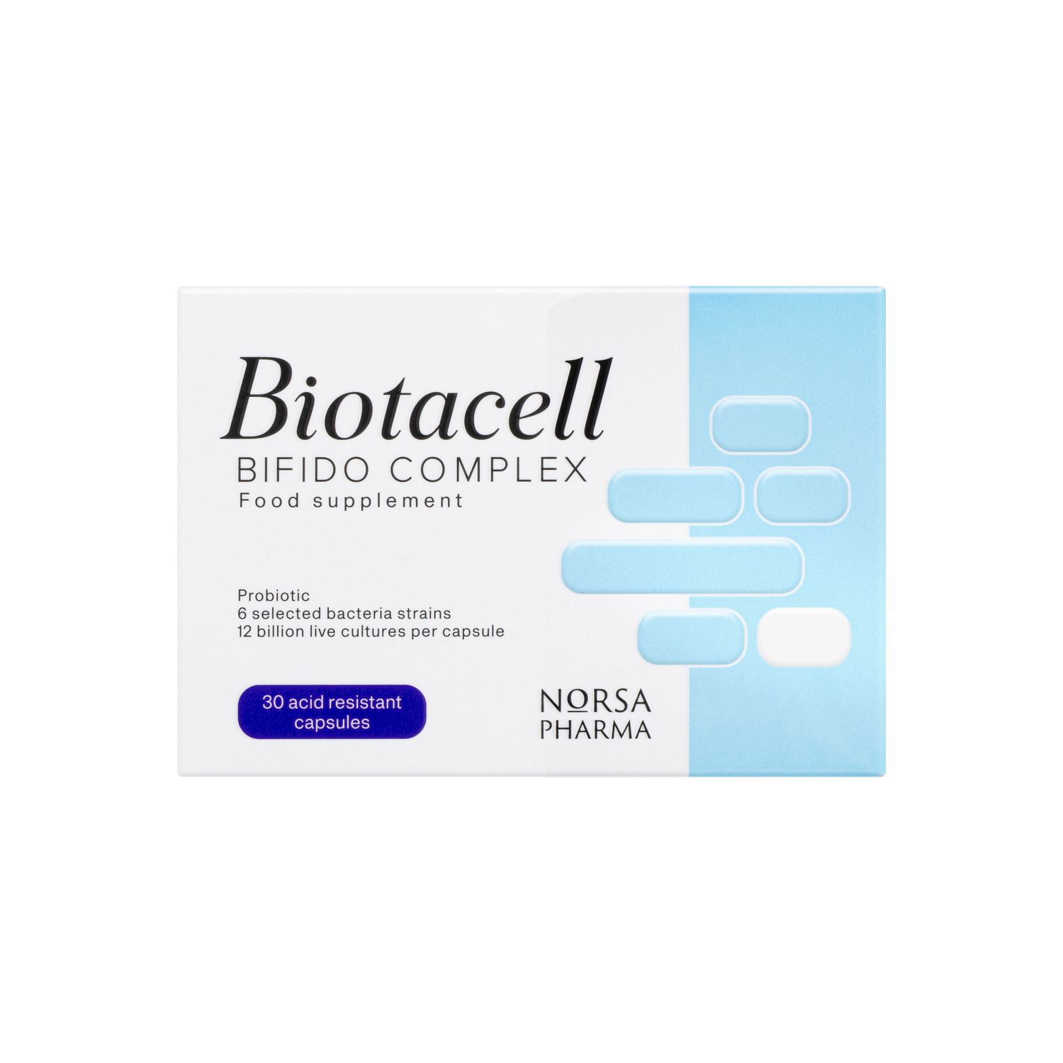 White and blue Biotacell Bifido Complex box with "30 acid resistant capsules" label.