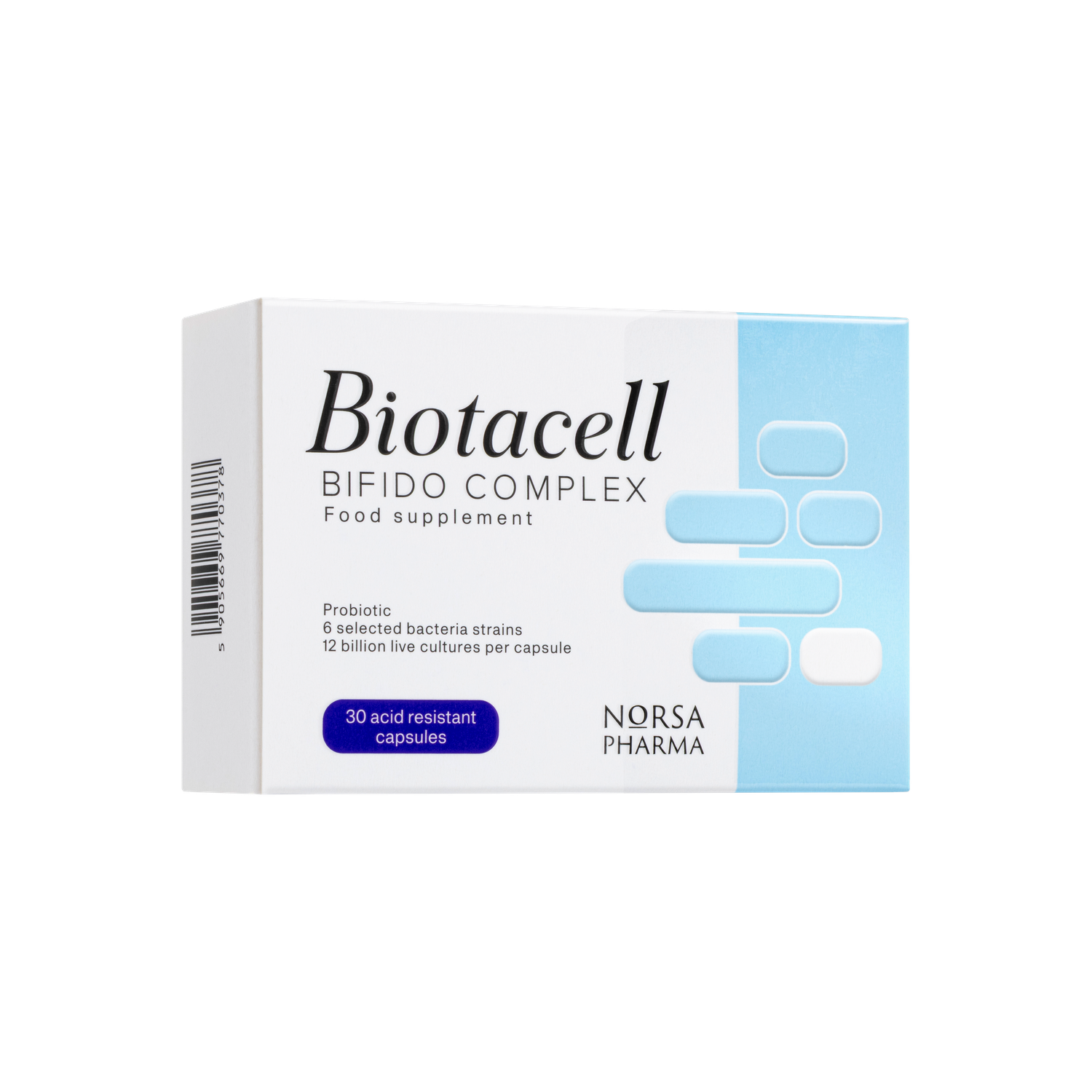 White and light blue Biotacell Bifido Complex box with 30 acid-resistant capsules.