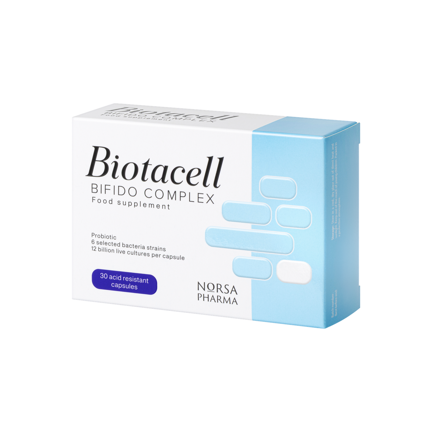 White and blue Biotacell Bifido Complex box with "30 acid resistant capsules" label.