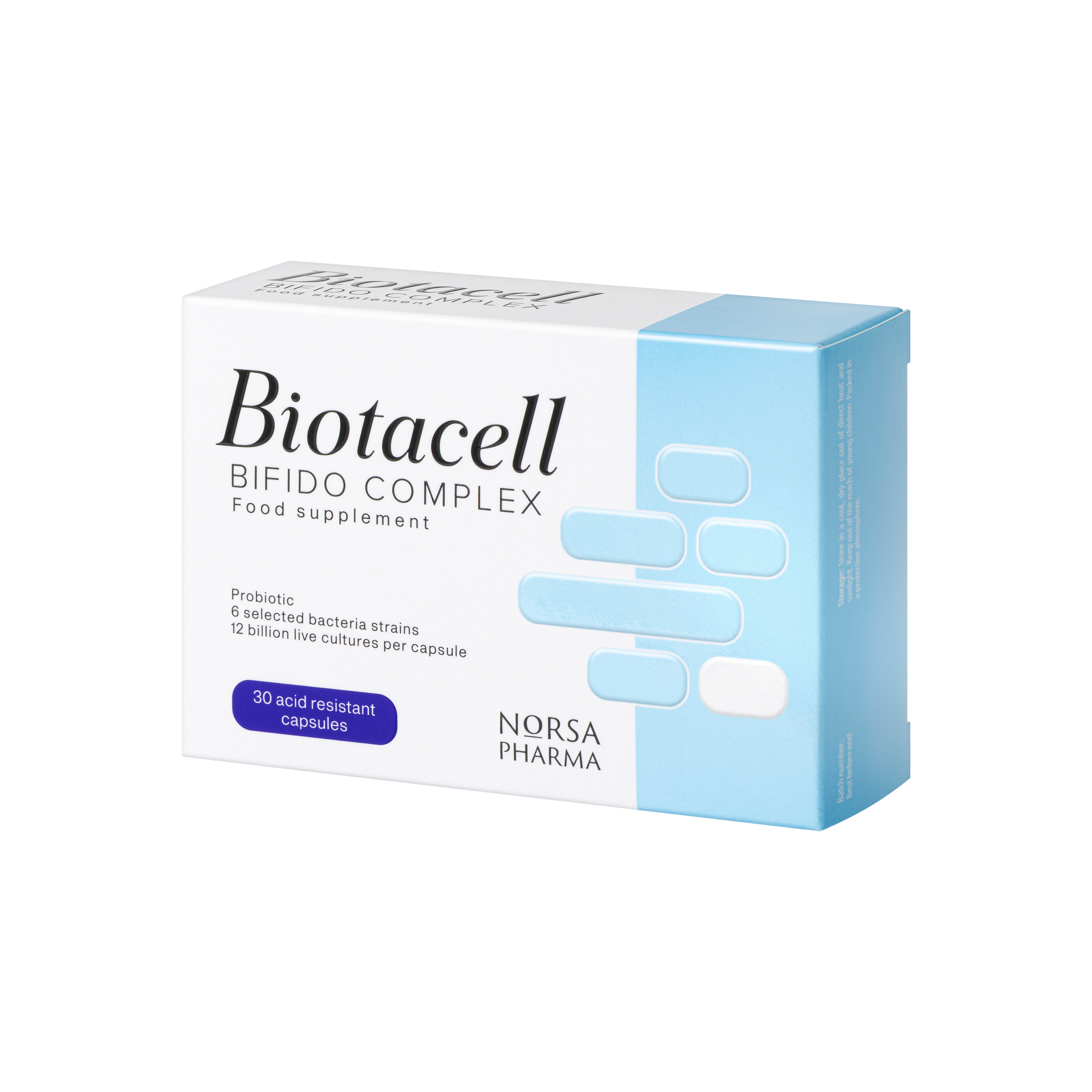 Biotacell Bifido Complex packaging by Norsa Pharma on a white background