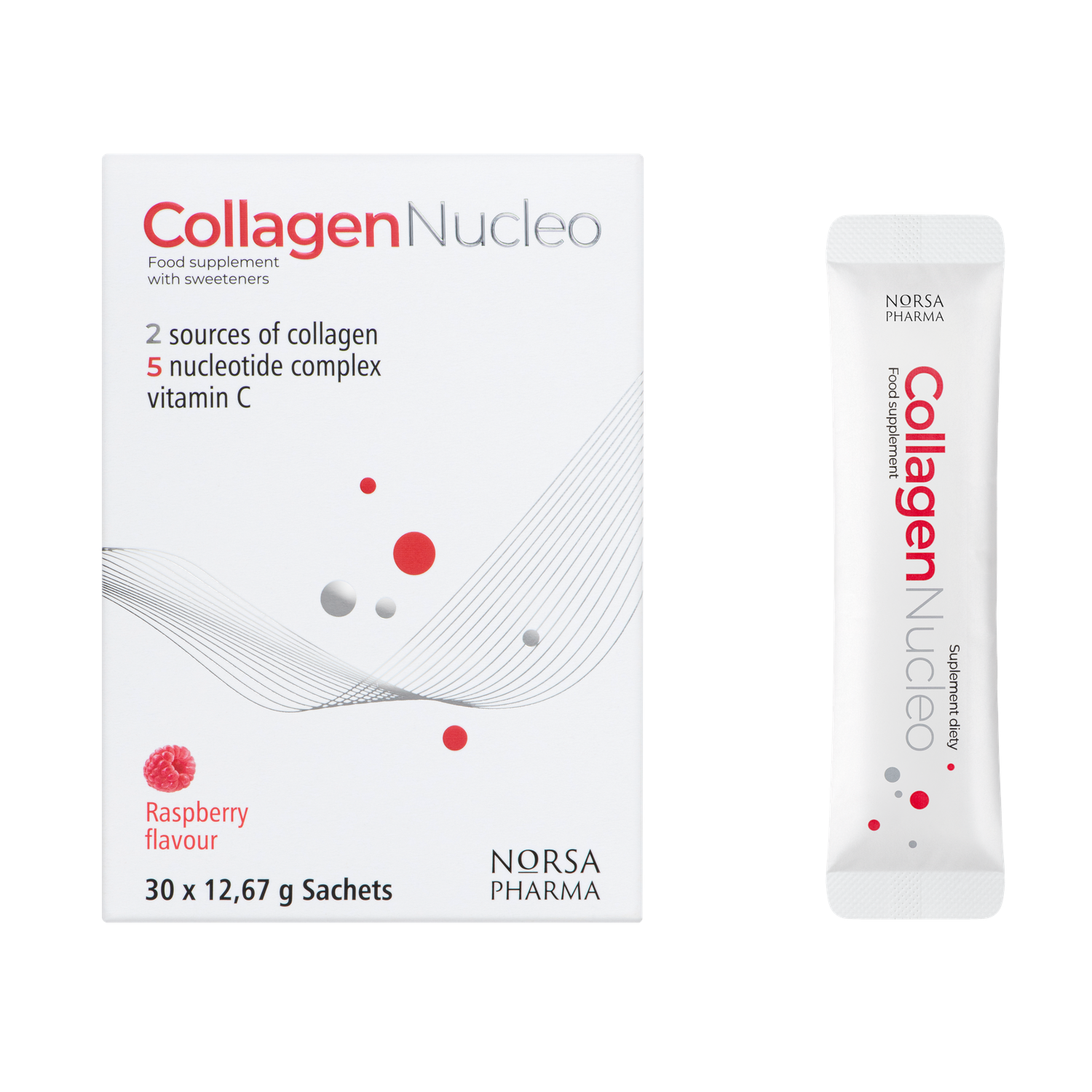 White box of Collagen Nucleo dual collagen drink powder with raspberry flavor, next to a single sachet.