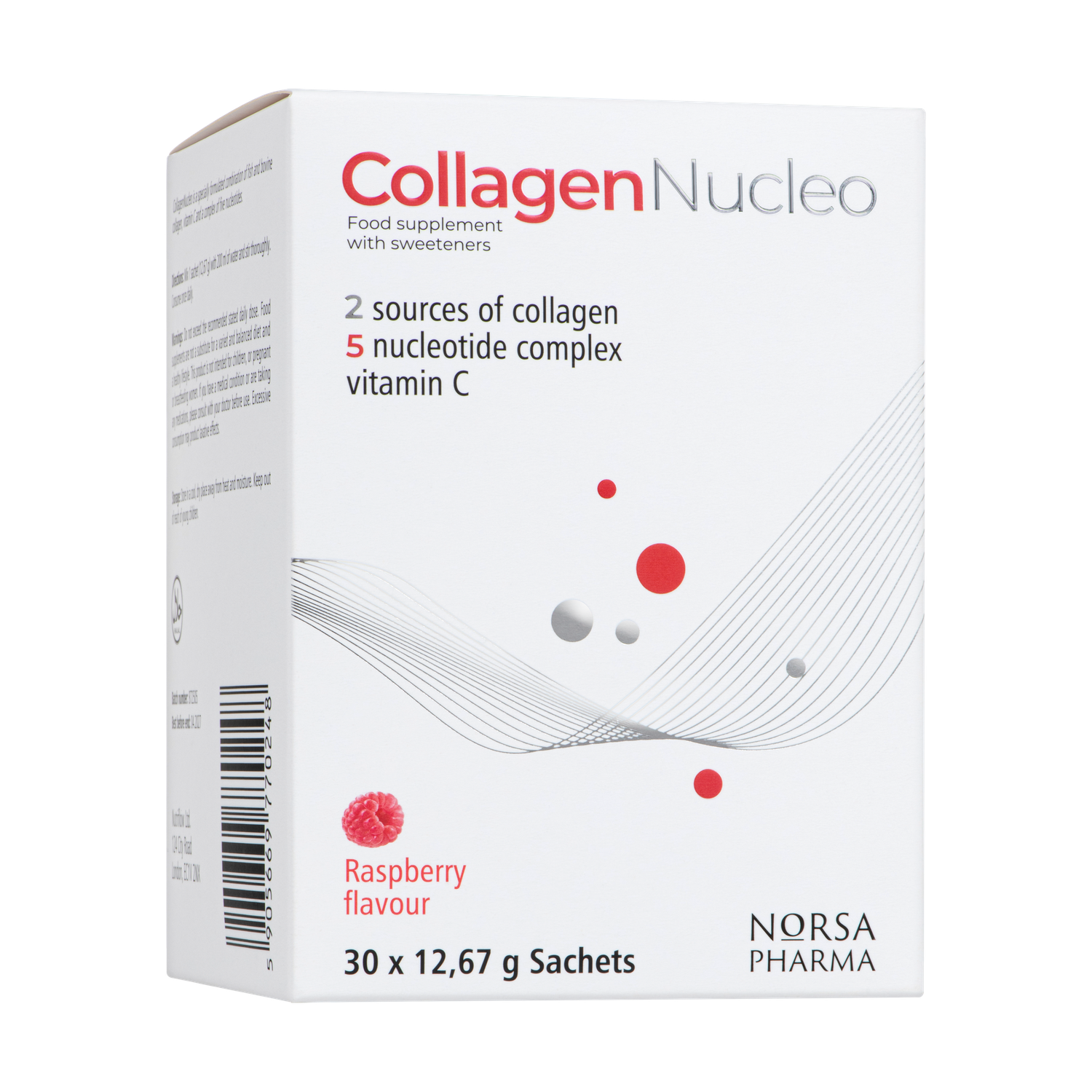 White box of Collagen Nucleo drink powder with raspberry flavor, 30 sachets.