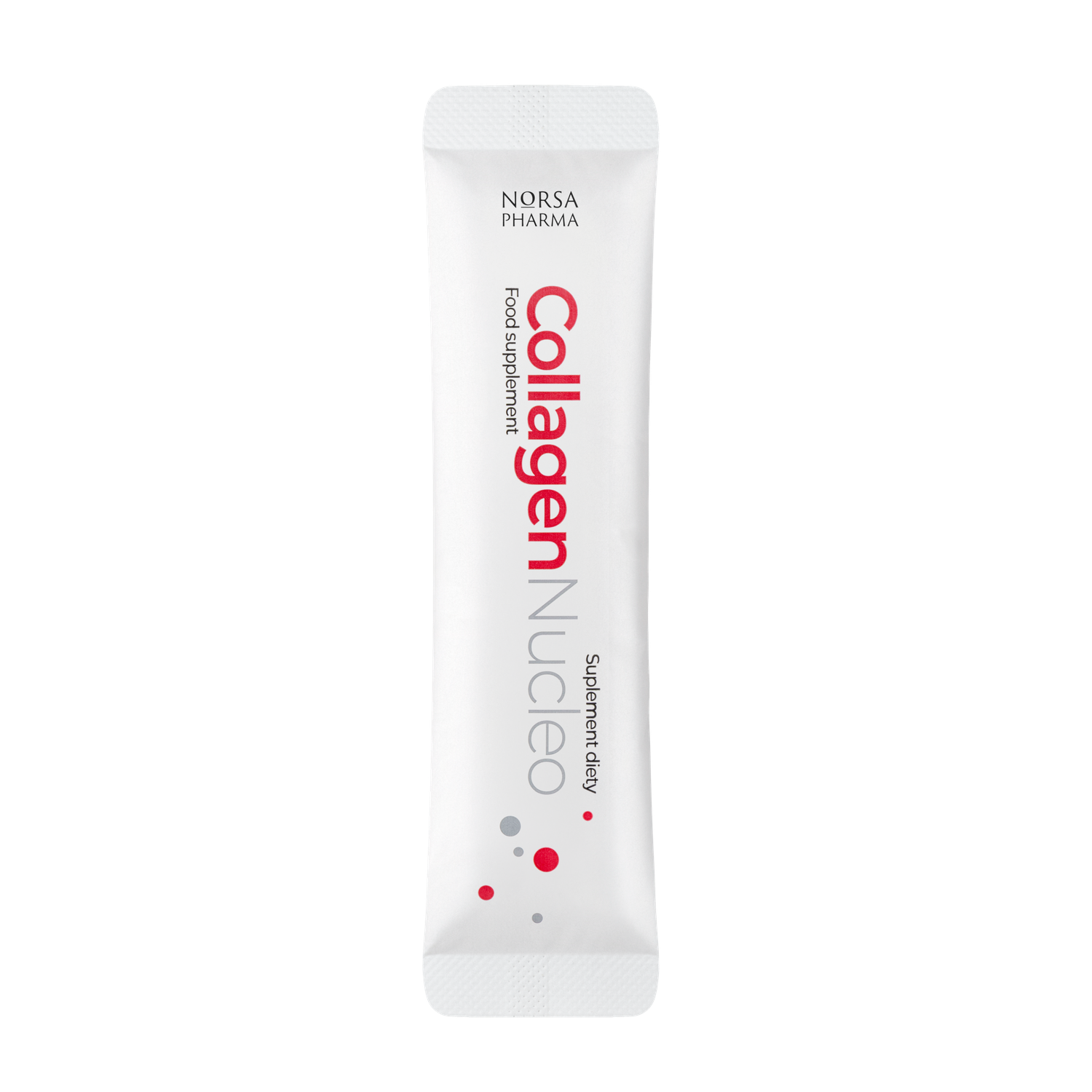 White Collagen Nucleo sachet with red and grey text, featuring "Norsa Pharma" and "Food Supplement".