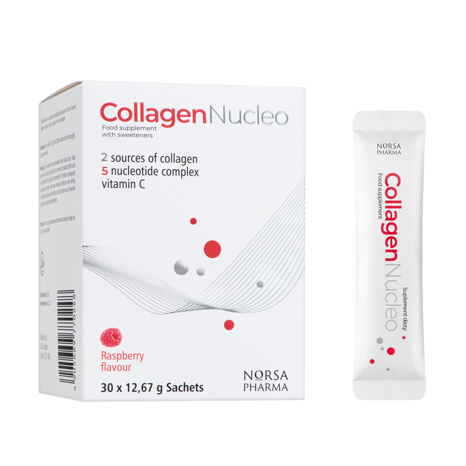 White box of Collagen Nucleo dual collagen drink powder with raspberry flavor, next to a single sachet.