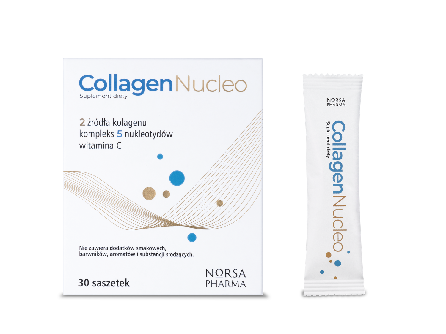 White box of Collagen Nucleo dual collagen drink powder with 30 sachets, featuring gold and blue accents.