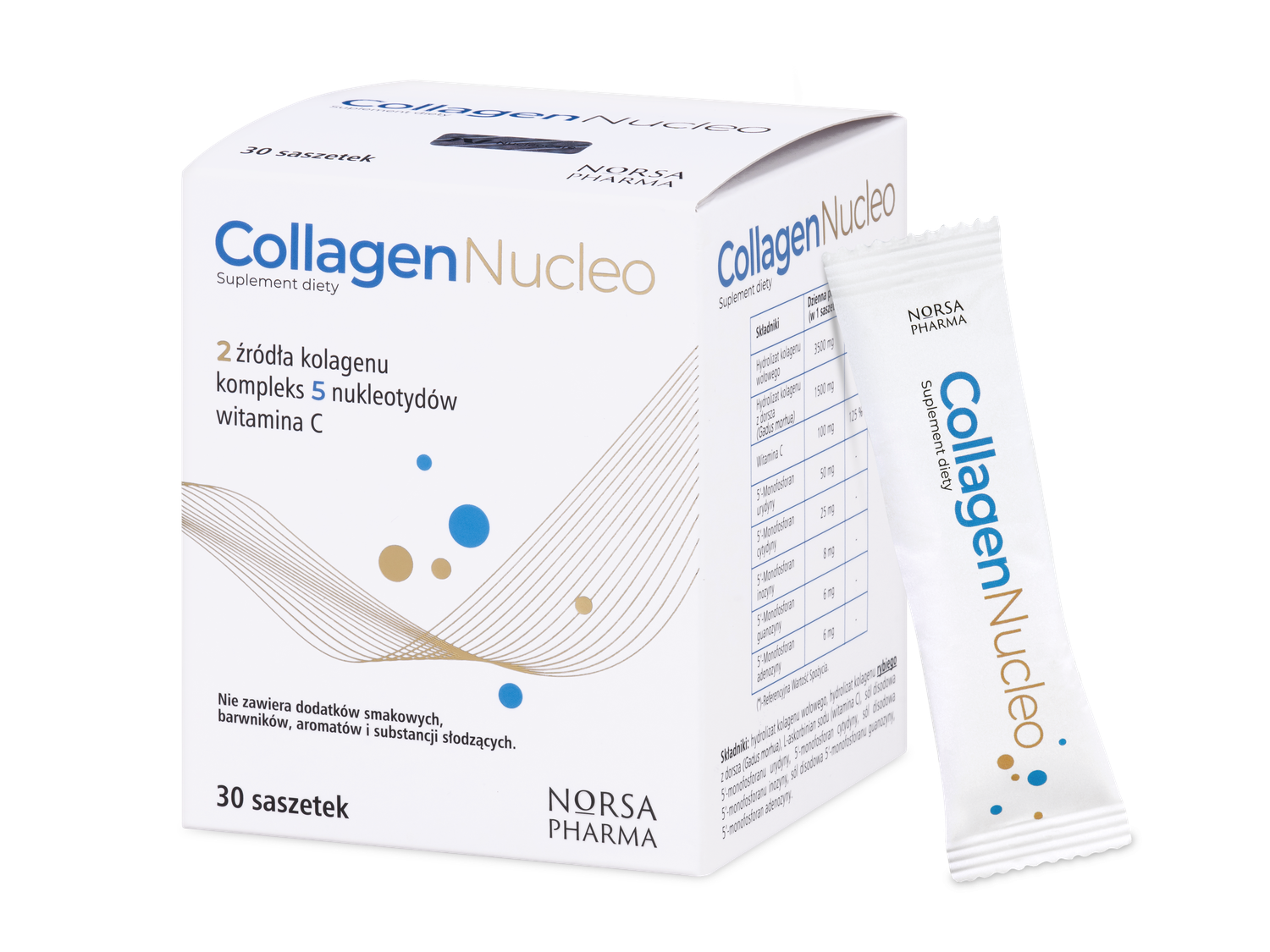White box of Collagen Nucleo dual collagen drink powder with a single sachet, showing ingredients and branding.