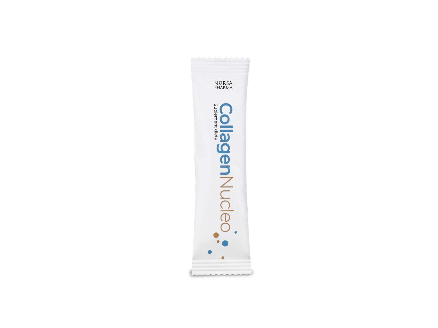 White sachet of Collagen Nucleo dual collagen drink powder, featuring blue text and colorful dots.