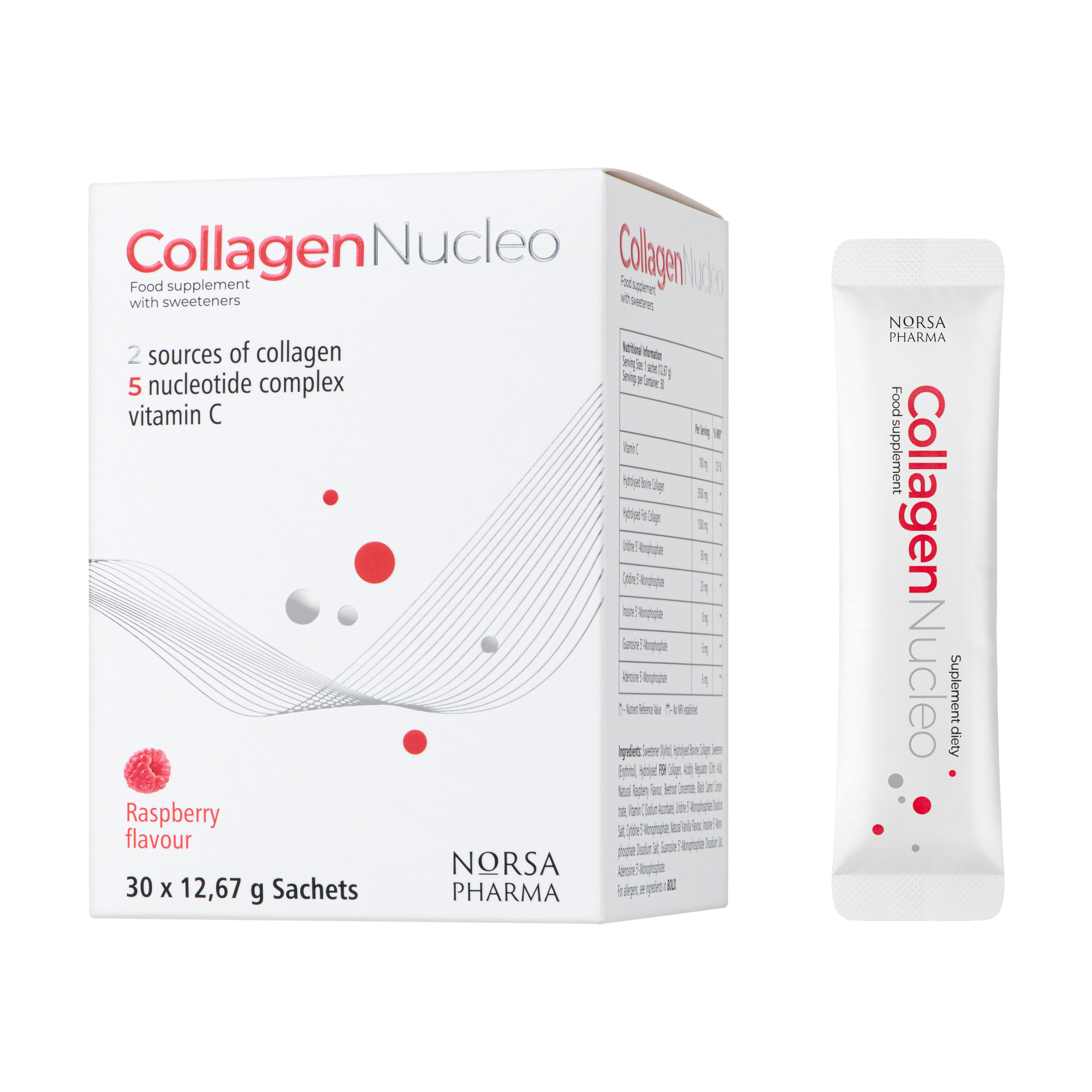 Collagen Nucleo supplement packaging with box and sachet on a white background