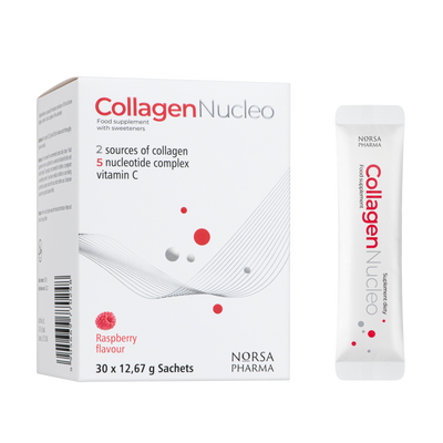 Collagen Nucleo supplement packaging with box and sachet on a white background