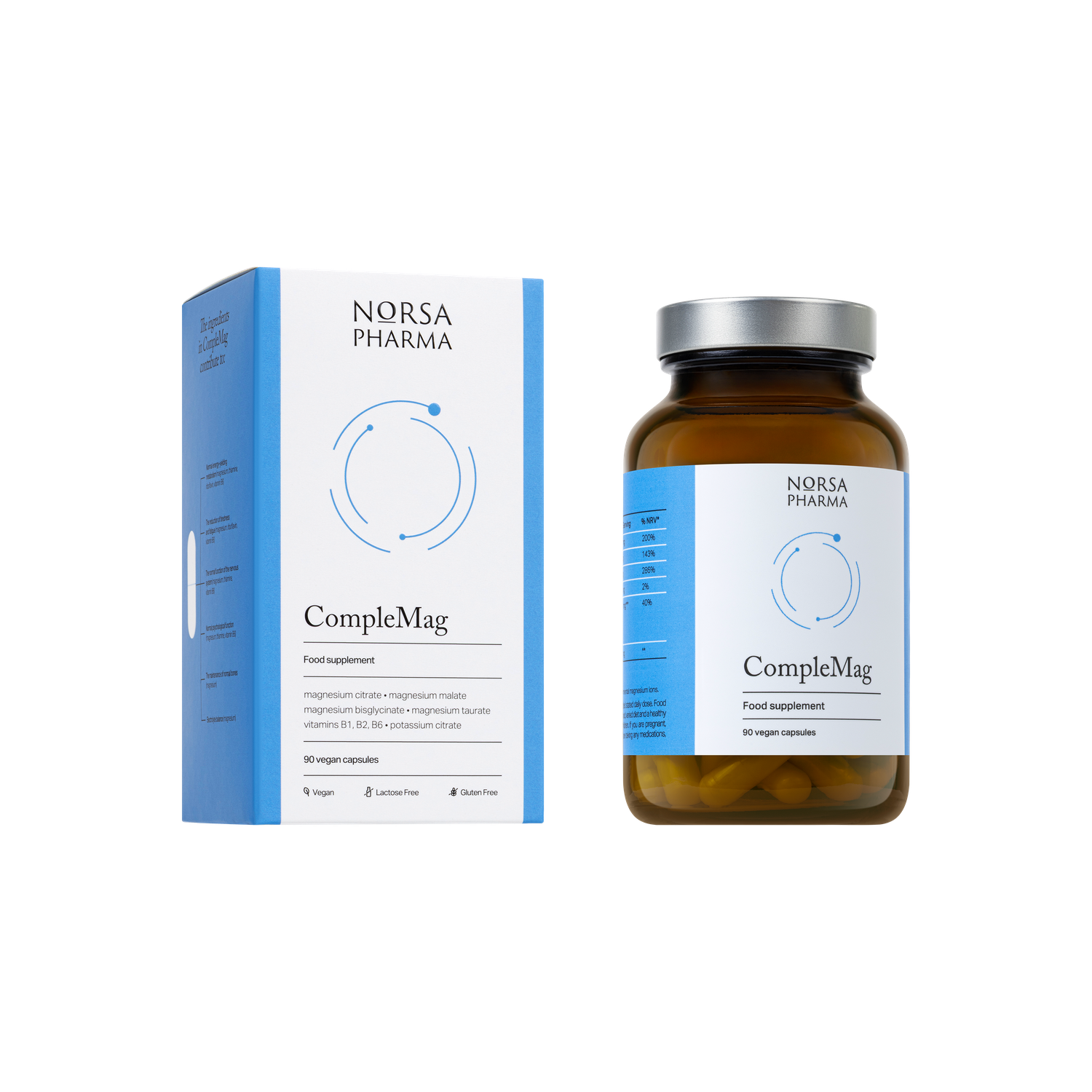 CompleMag 90 vegan capsules: white and blue box next to an amber glass bottle with a silver cap.