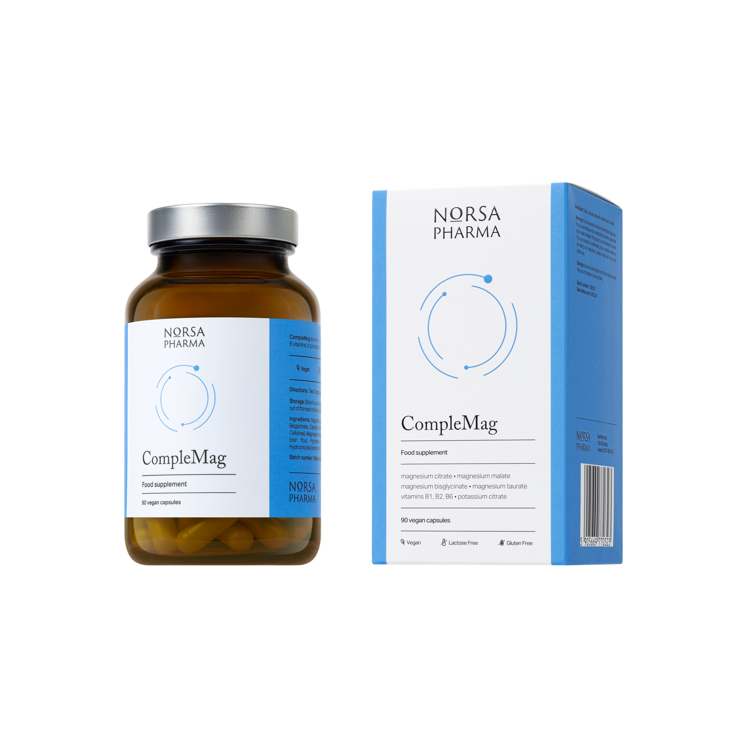 Amber glass bottle of CompleMag magnesium complex capsules next to its white and blue retail box.