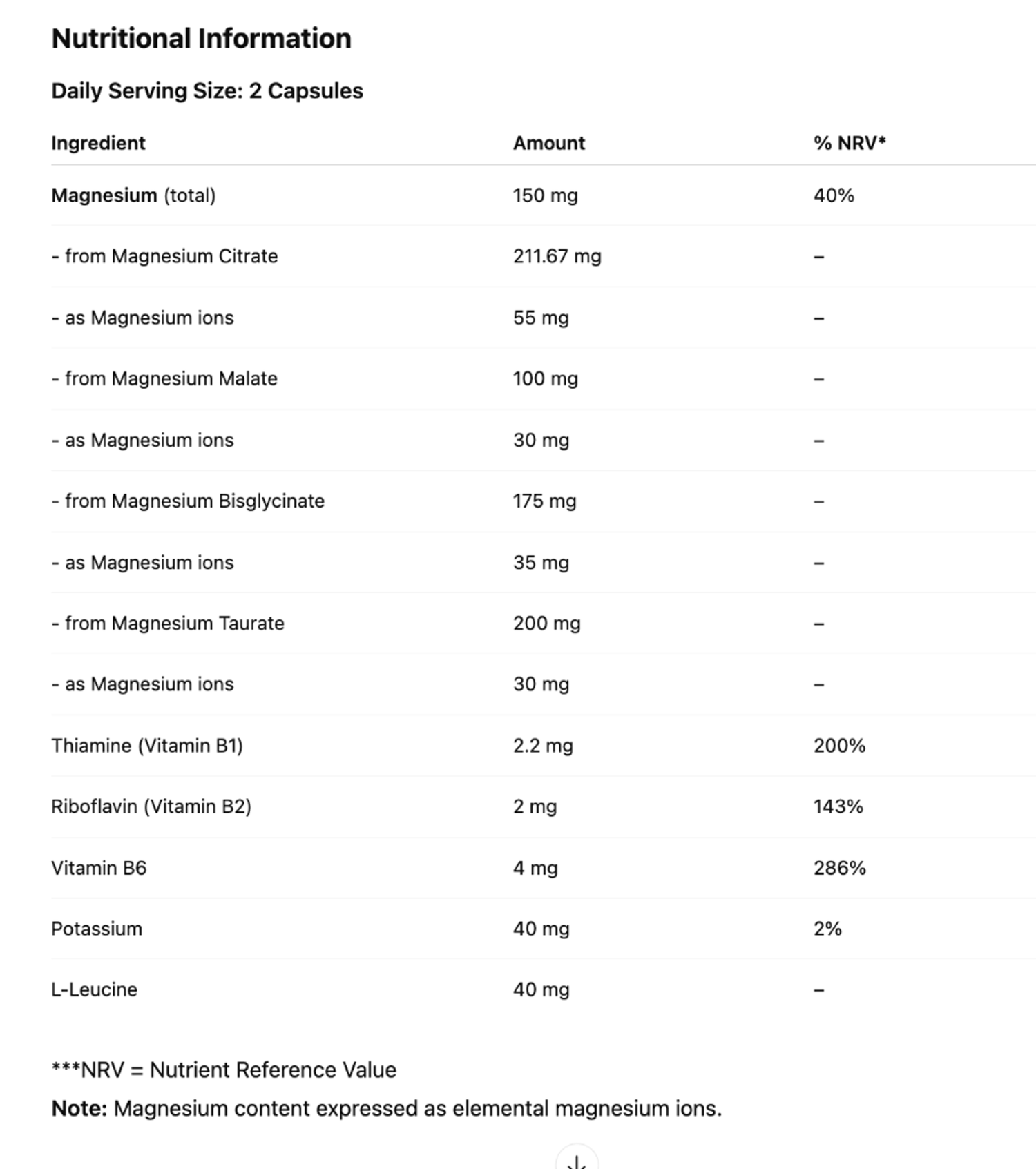 A white table displaying the nutritional information for CompleMag, detailing magnesium forms, B vitamins, and potassium content per serving.