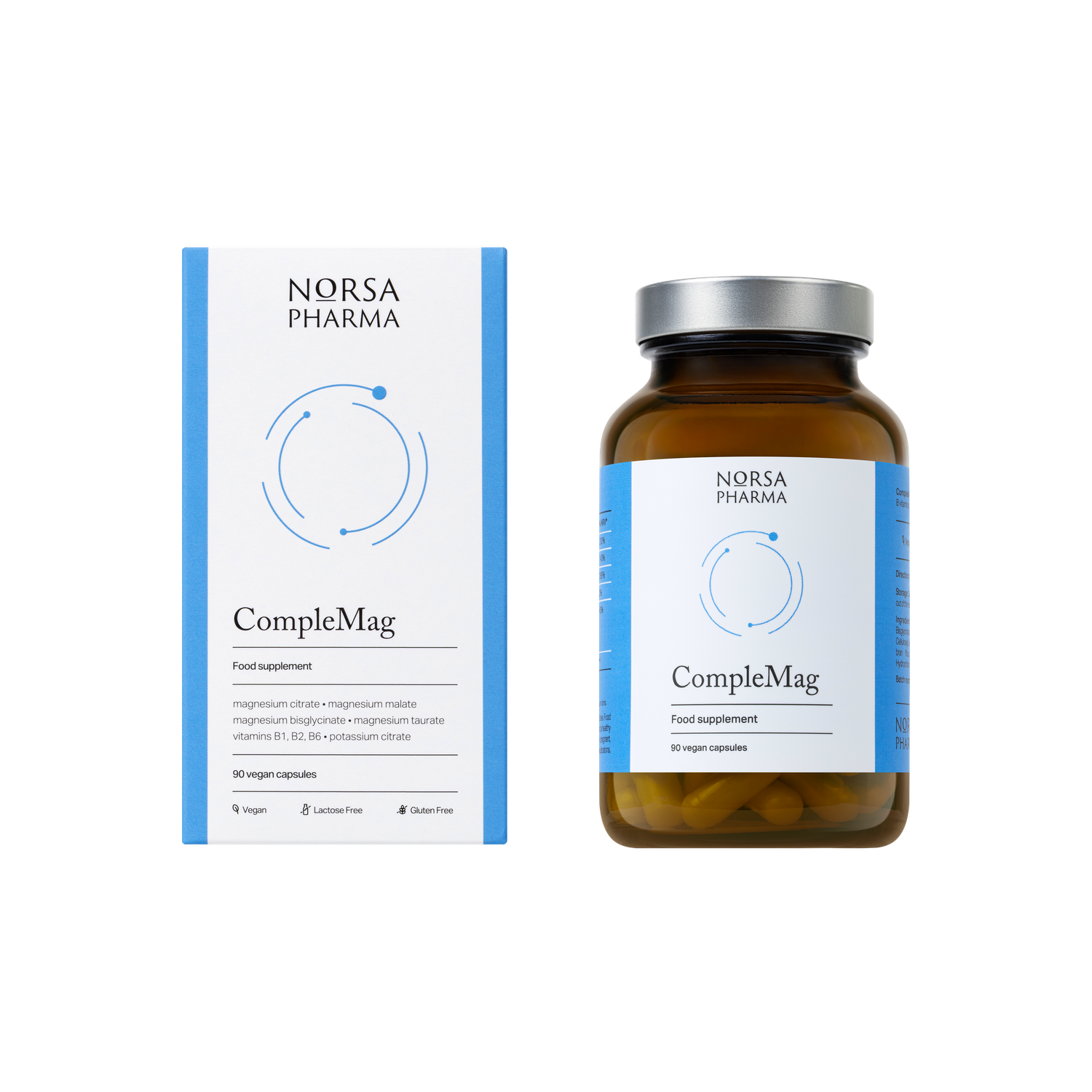 CompleMag 90 vegan capsules: white and blue box next to an amber glass bottle with a silver cap.