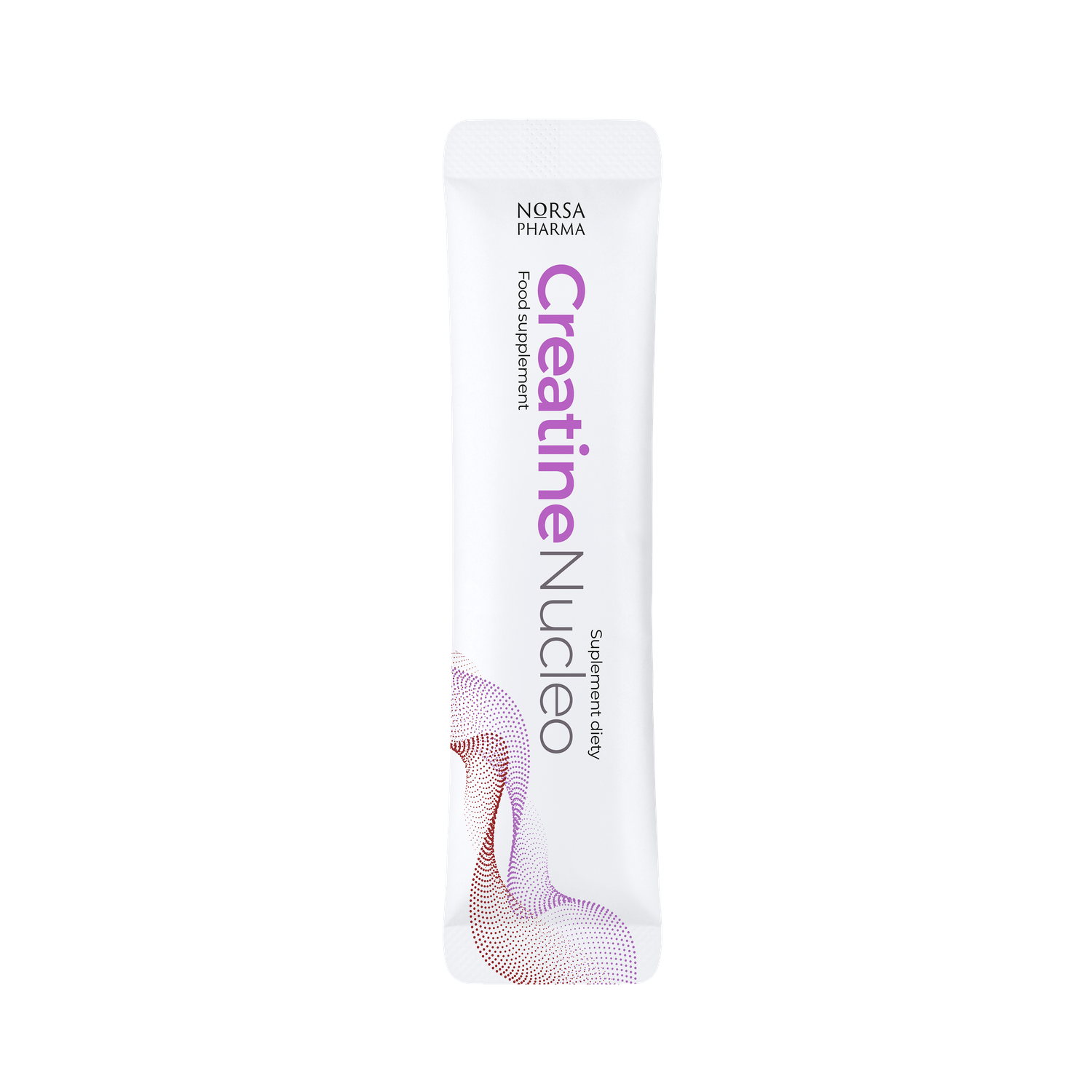 White Creatine Nucleo box with pink swirl design and a single white sachet.