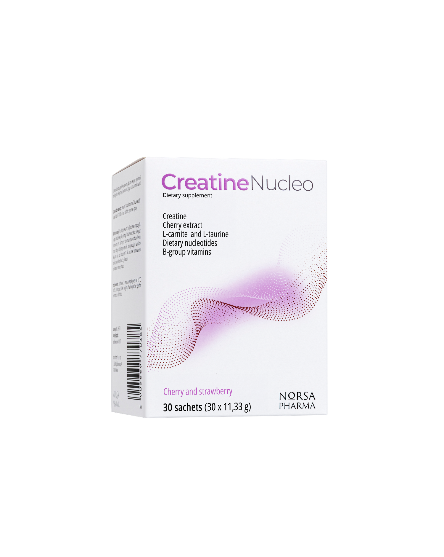 White Creatine Nucleo box with purple text and a red-purple dotted wave design, 30 sachets.