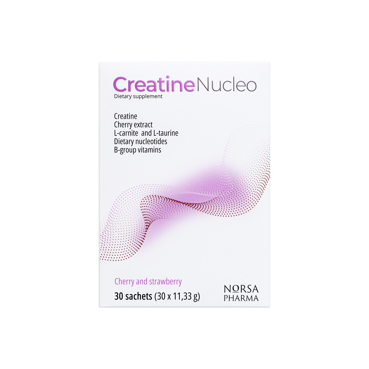 White box of Creatine Nucleo dietary supplement with purple text and a pink dotted wave design.