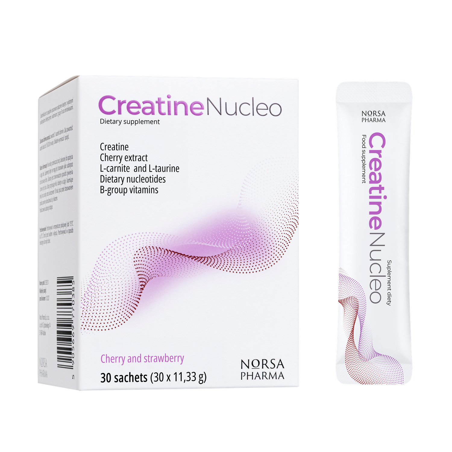White Creatine Nucleo box with pink swirl design and a single white sachet.