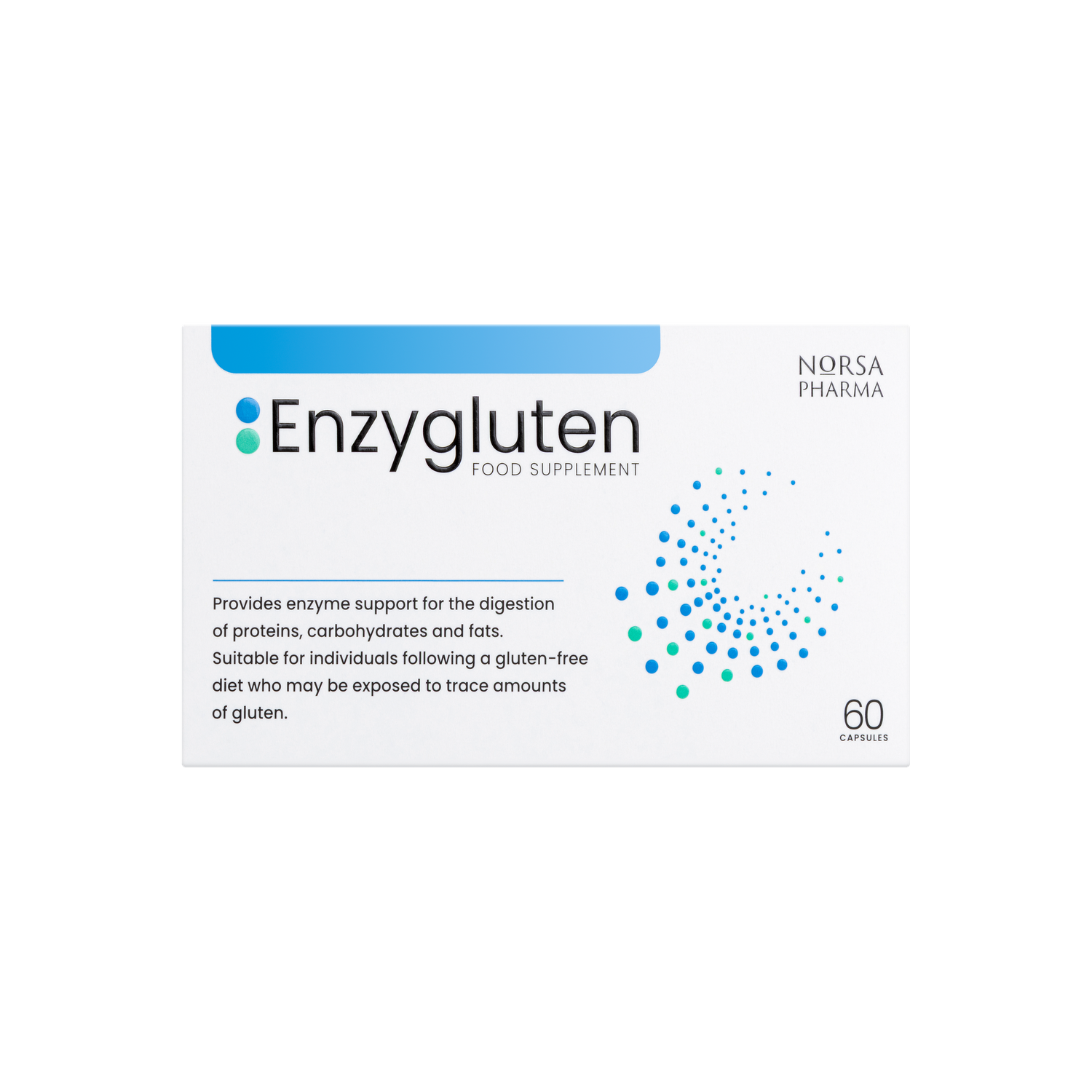 White box of Enzygluten digestive enzyme capsules with blue and green accents, 60 count.