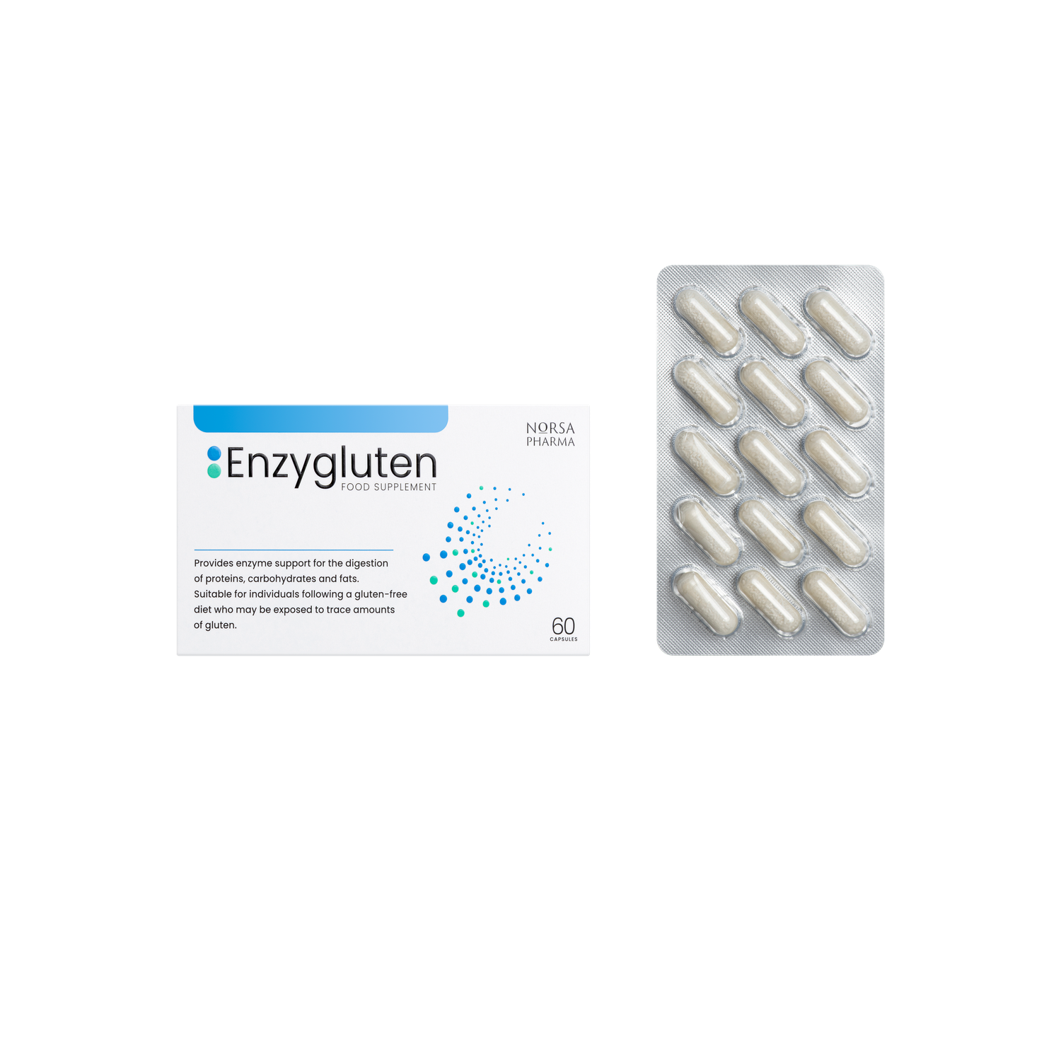 Enzygluten digestive enzyme complex box with blue dots and a blister pack of 10 white capsules.