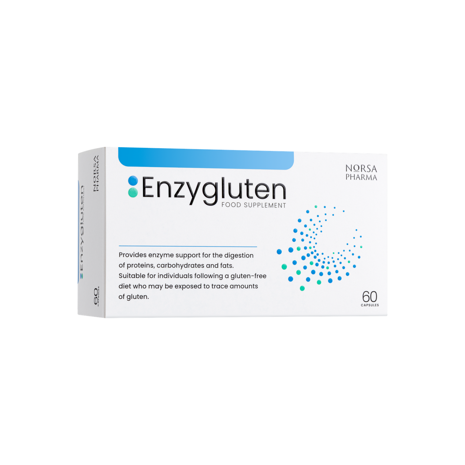 White and blue Enzygluten digestive enzyme supplement box with 60 capsules, Norsa Pharma branding.