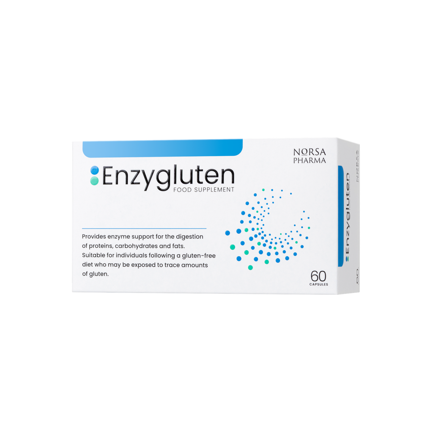 White box of Enzygluten digestive enzyme capsules with blue and green accents, 60 count.