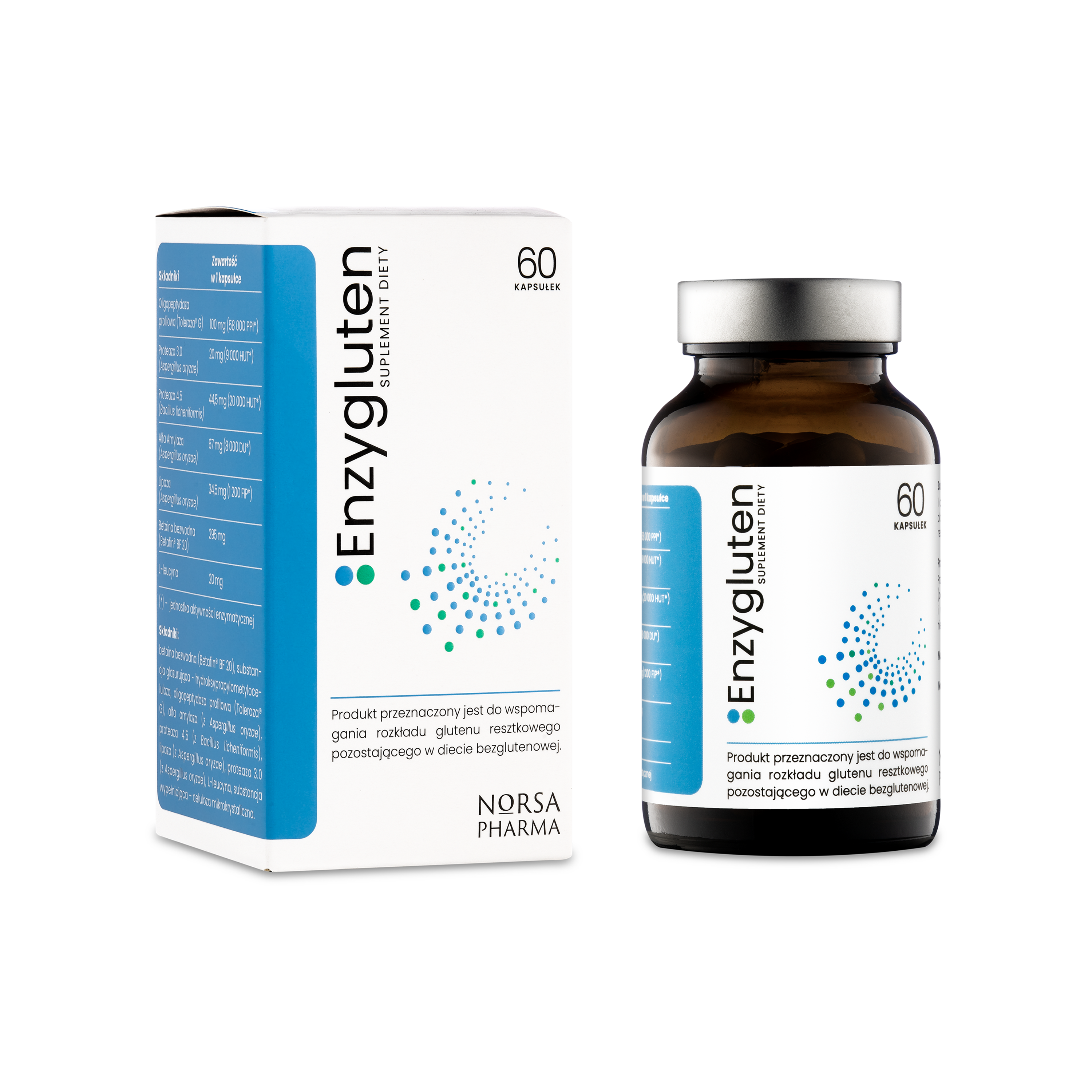 Enzygluten supplement bottle and packaging on a white background