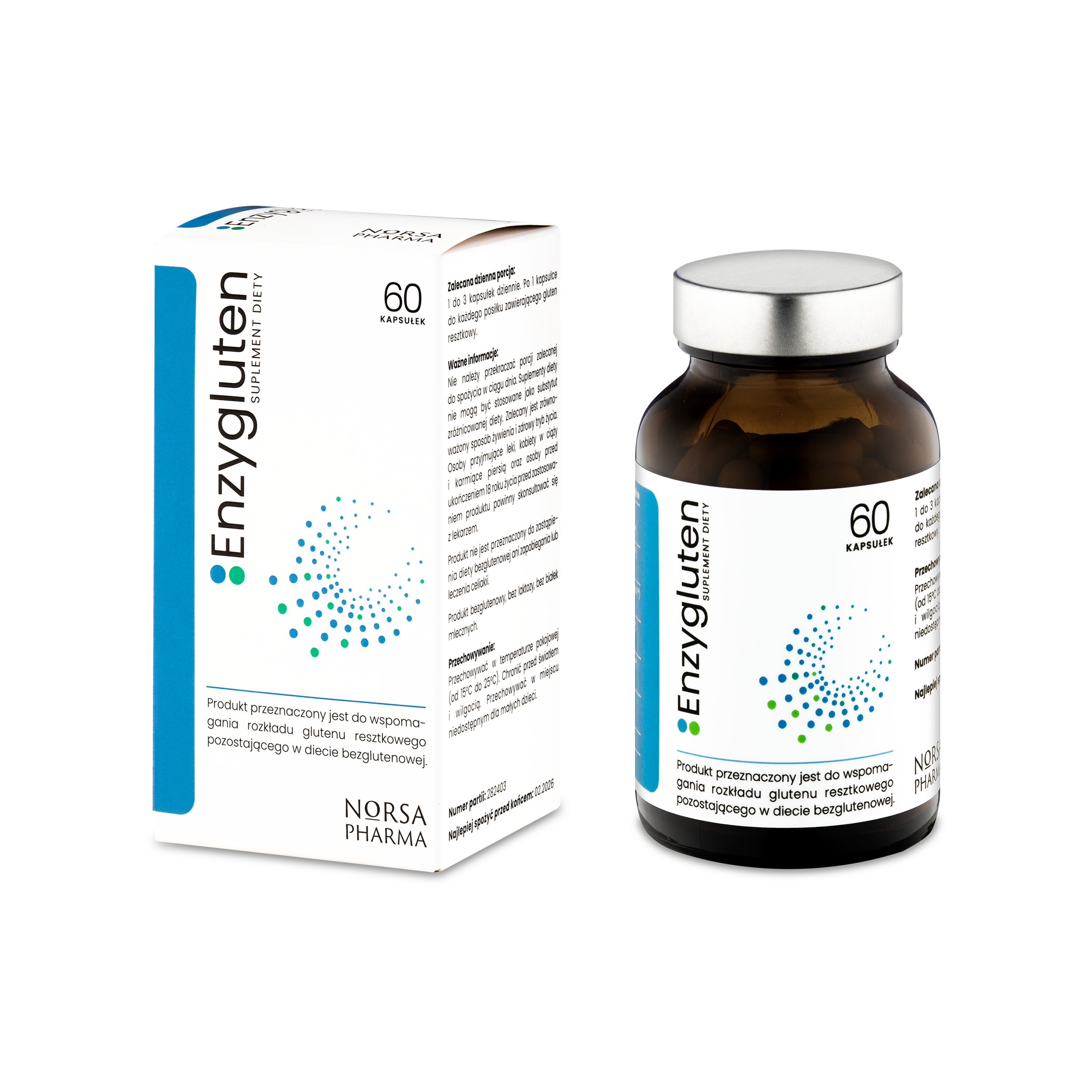 Enzygluten supplement bottle and packaging on a white background