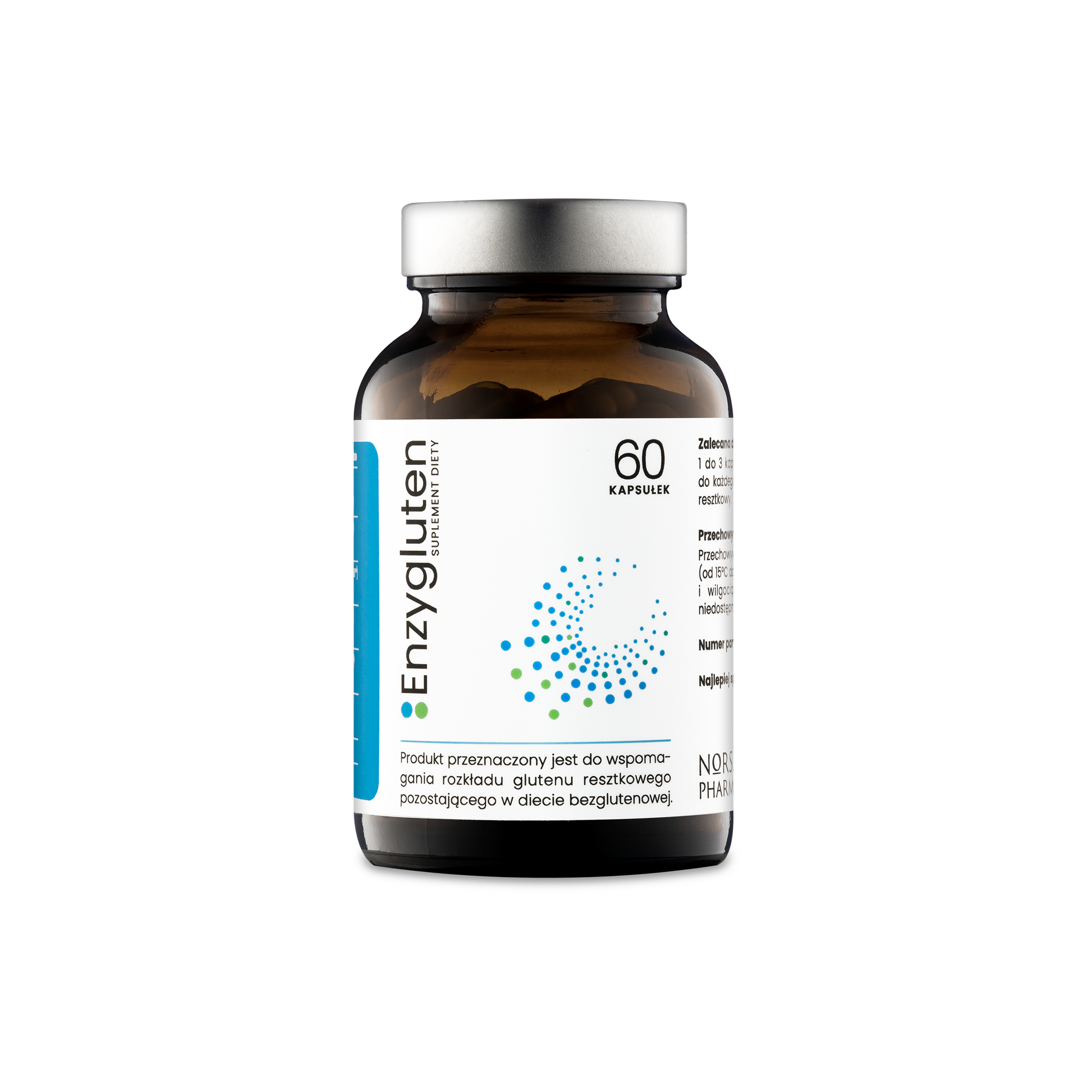 Brown supplement bottle with white label on a white background