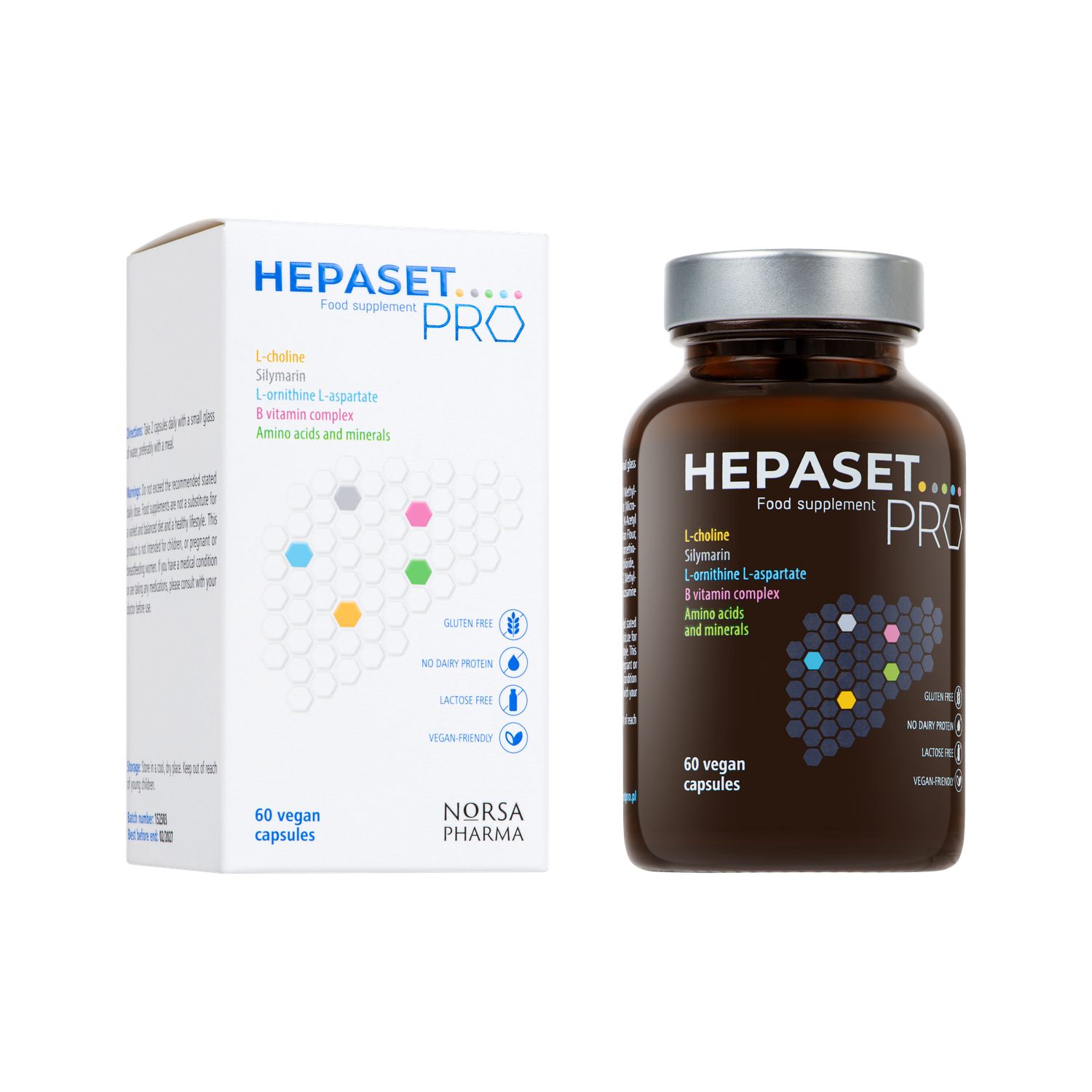 White and blue Hepaset PRO food supplement box and dark brown bottle with 60 vegan capsules.