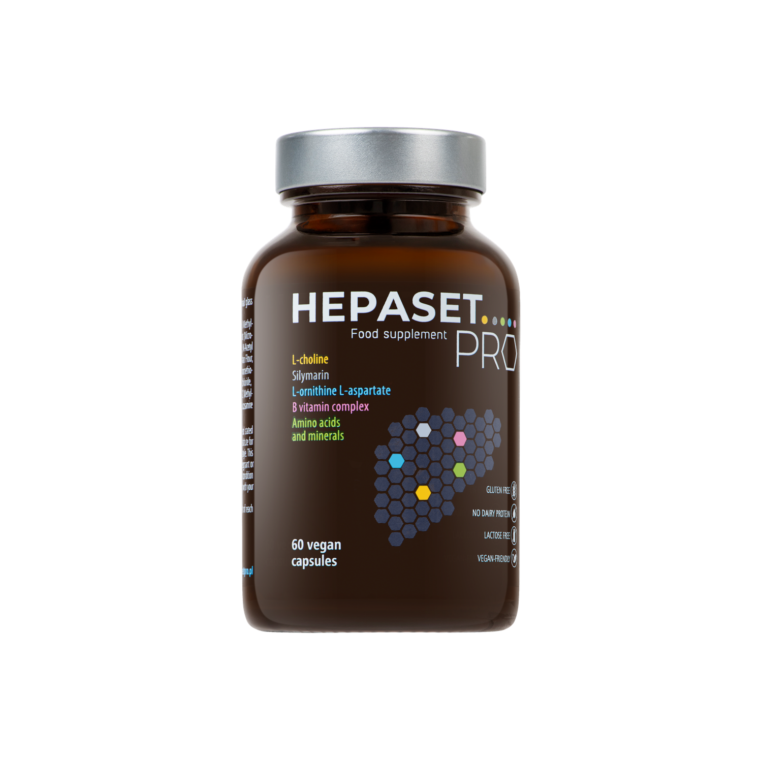 Dark amber bottle of Hepaset PRO food supplement with silver cap, 60 vegan capsules, and key ingredients listed.