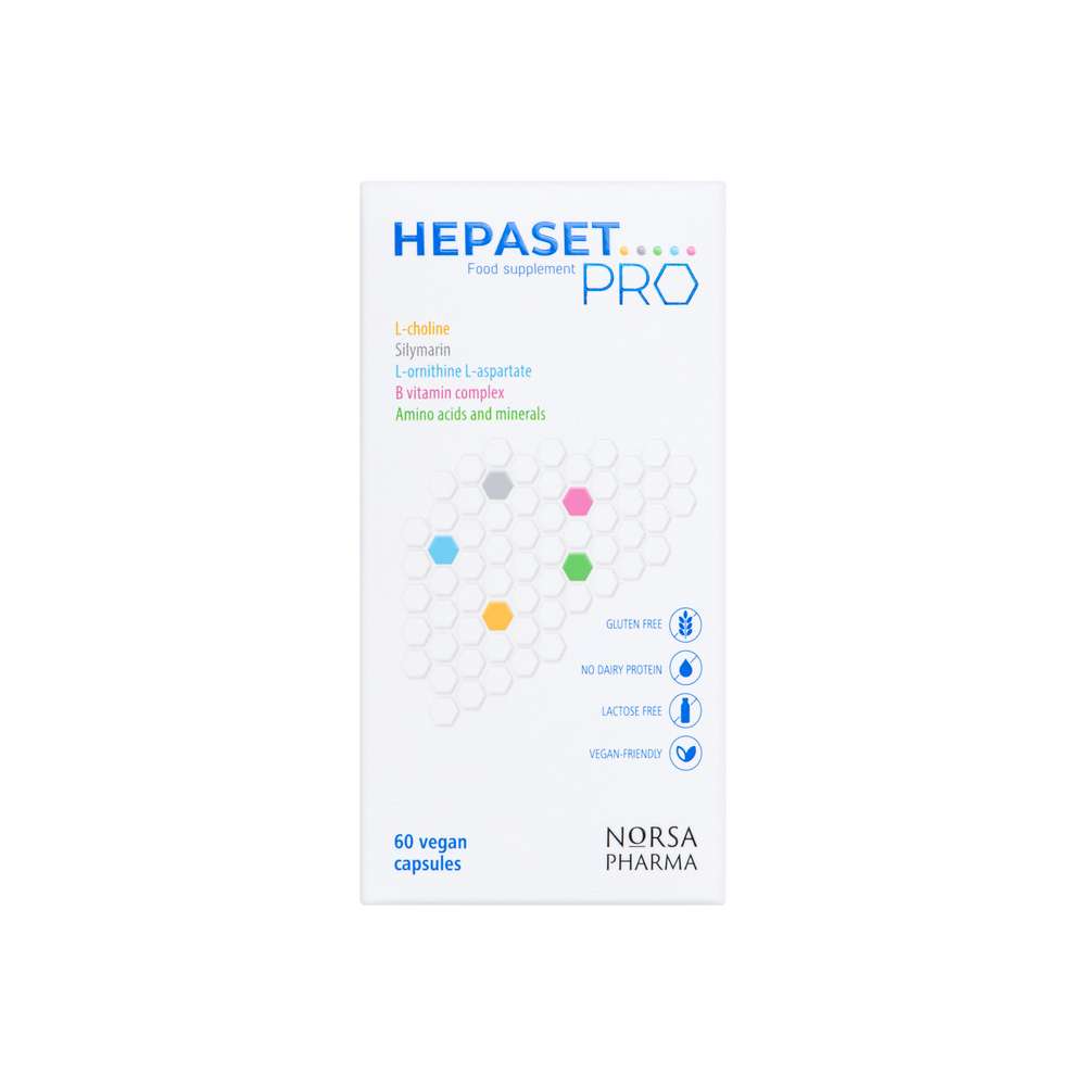 White Hepaset PRO food supplement box with blue, pink, green, and yellow accents, 60 vegan capsules.
