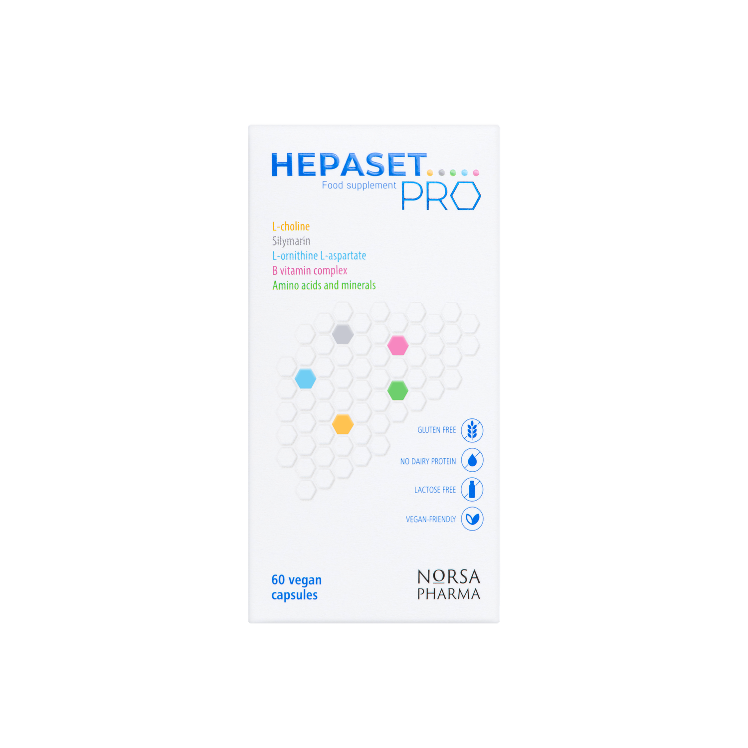 White Hepaset PRO food supplement box with blue, pink, green, and yellow accents, 60 vegan capsules.