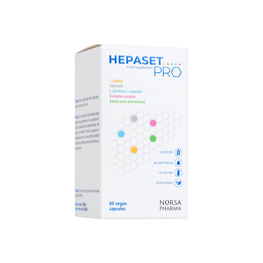 White Hepaset PRO food supplement box with blue text, colorful hexagonal icons, and "60 vegan capsules.