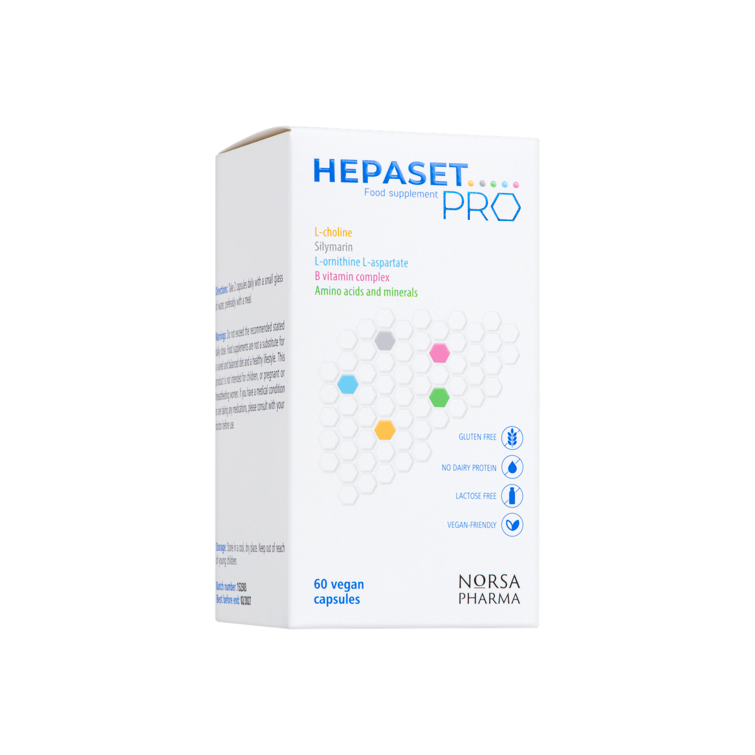 White Hepaset PRO food supplement box with blue text, colorful hexagonal icons, and "60 vegan capsules.