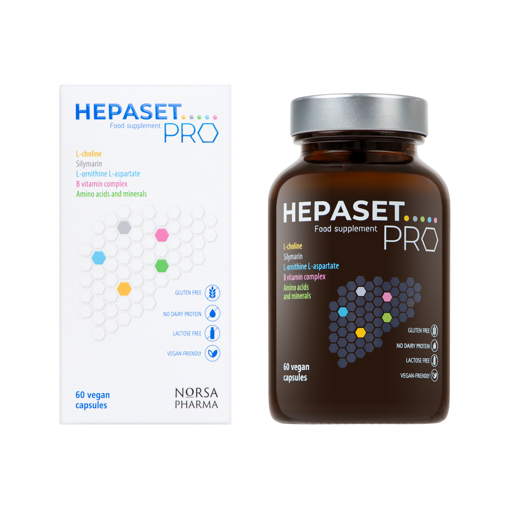Hepaset PRO 60 vegan capsules: white box and amber bottle with silver cap, featuring colorful hexagonal design.