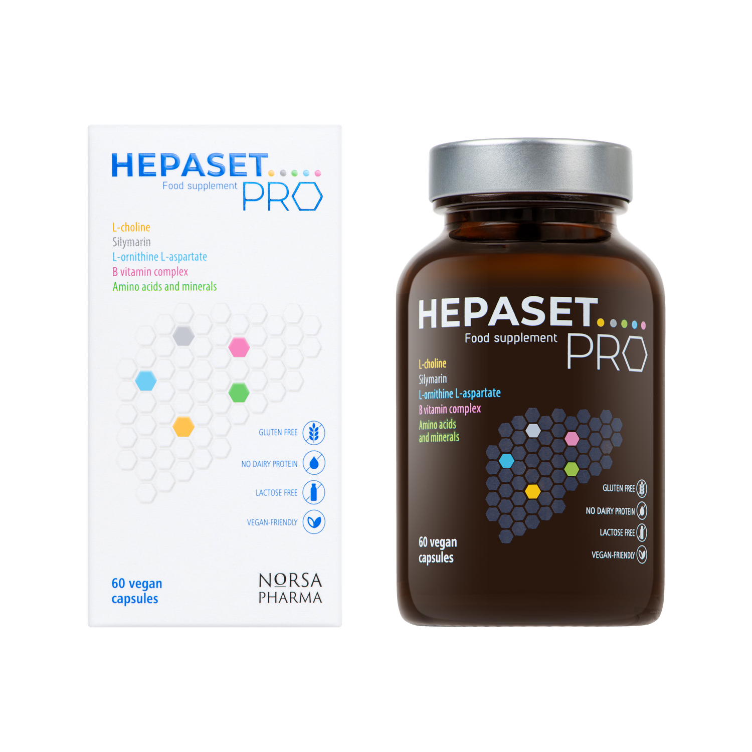Hepaset PRO 60 vegan capsules: white box and amber bottle with silver cap, featuring colorful hexagonal design.