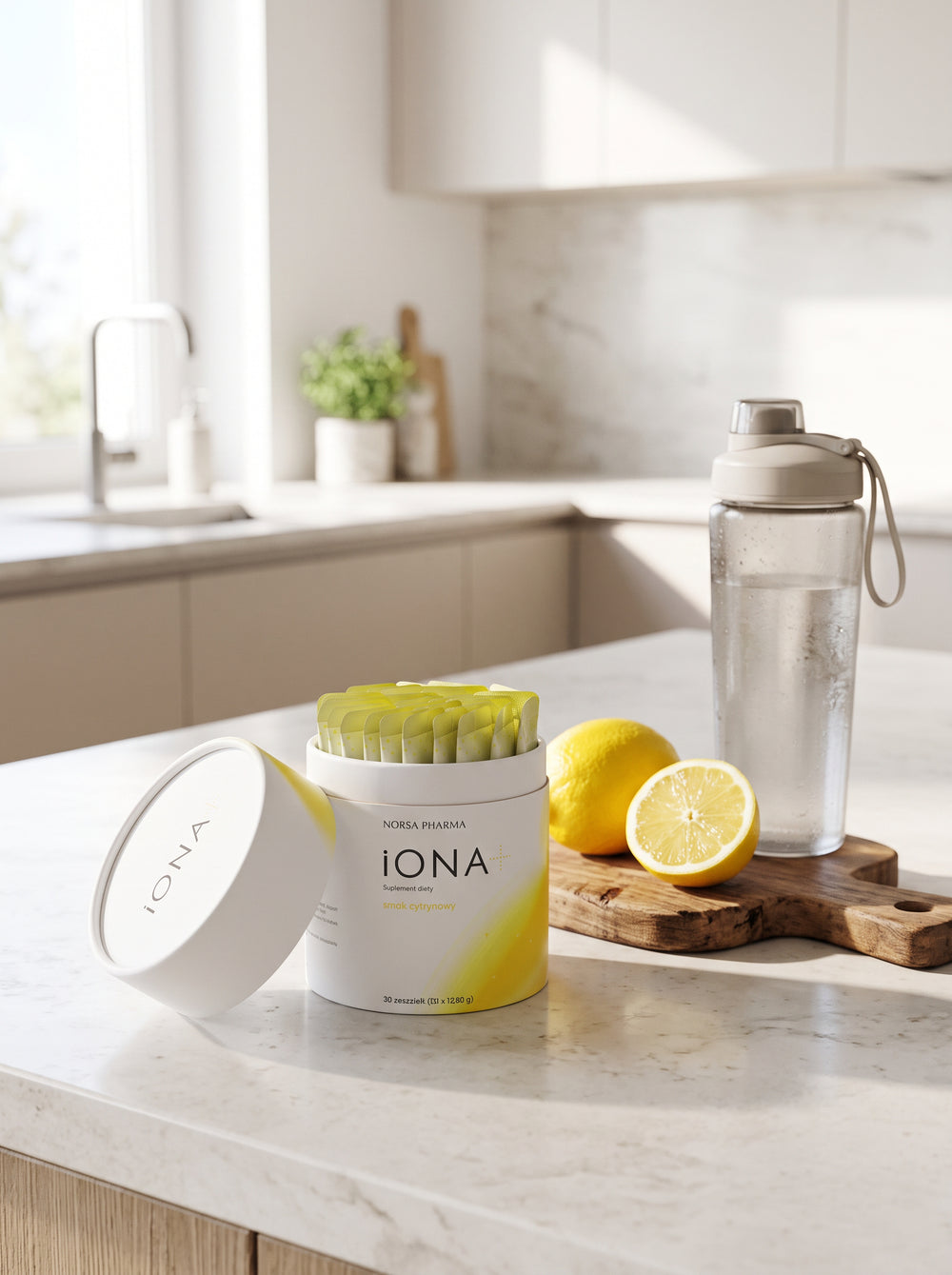 iONA+ electrolyte powder tub with lemon sachets, fresh lemons and a water bottle on a bright kitchen worktop