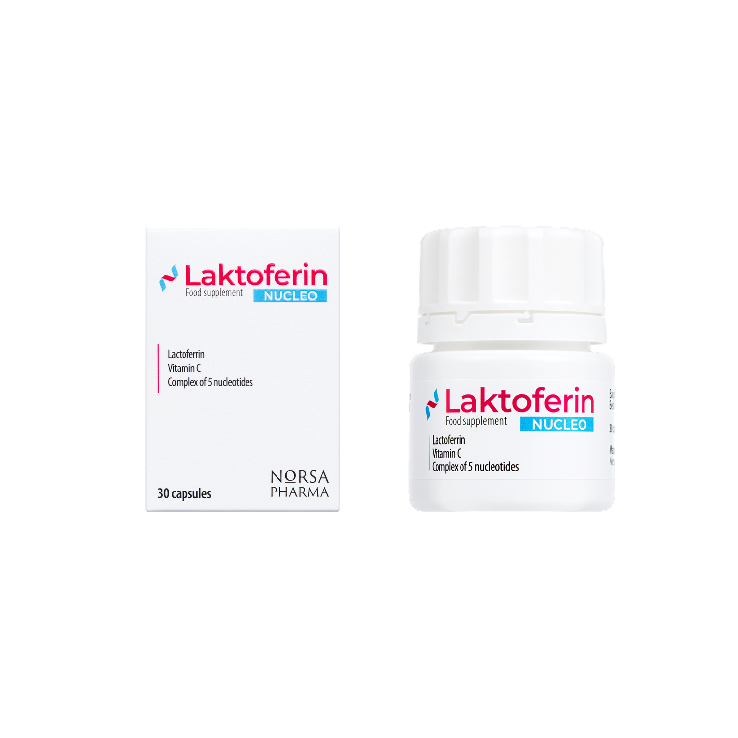 White Laktoferin NUCLEO box and bottle with red and blue text, 30 capsules.