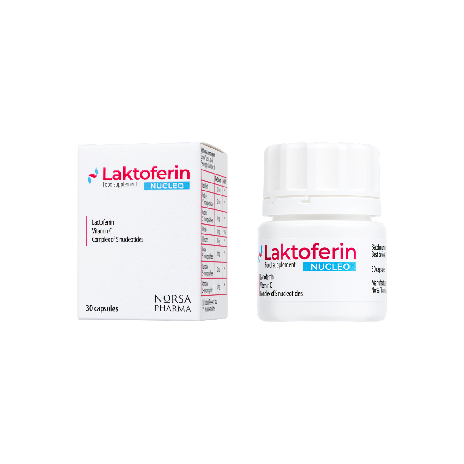 White Laktoferin NUCLEO box and bottle with red and blue logo, 30 capsules.