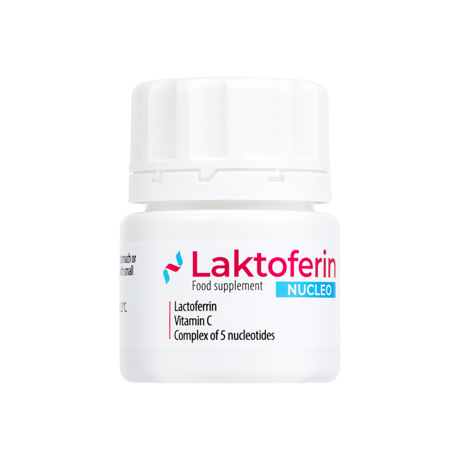 White Laktoferin NUCLEO supplement bottle with red and blue logo, listing Lactoferrin, Vitamin C, and 5 nucleotides.