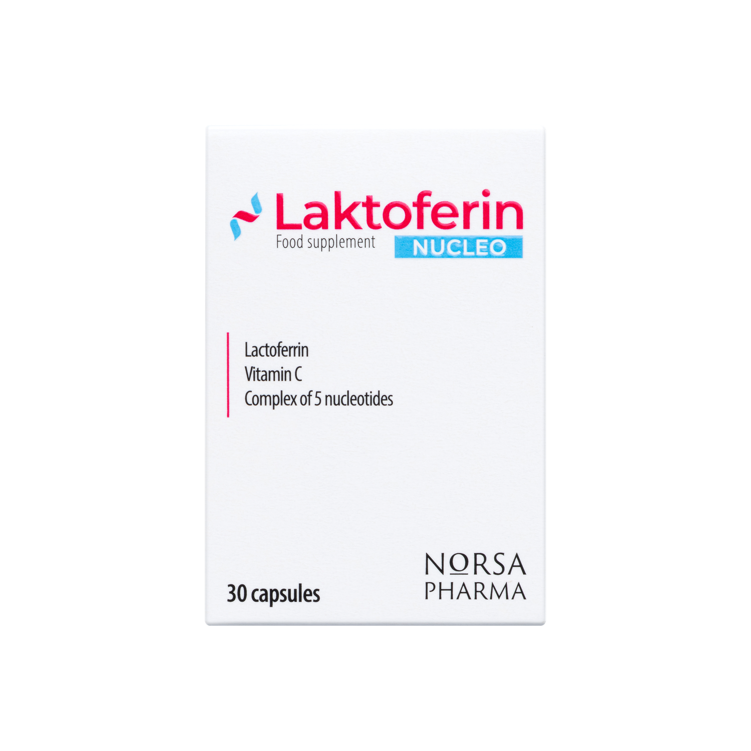 White box of Laktoferin NUCLEO 30 capsules, featuring red and blue text, with Norsa Pharma logo.