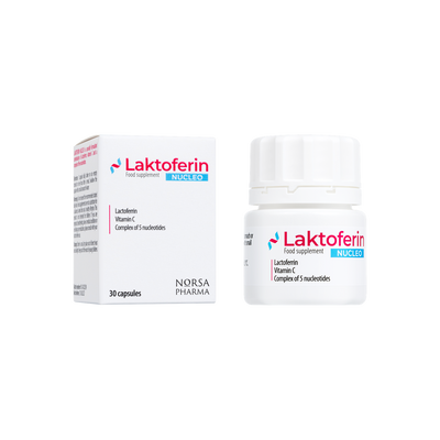 White Laktoferin NUCLEO box and bottle with red and blue text, 30 capsules.